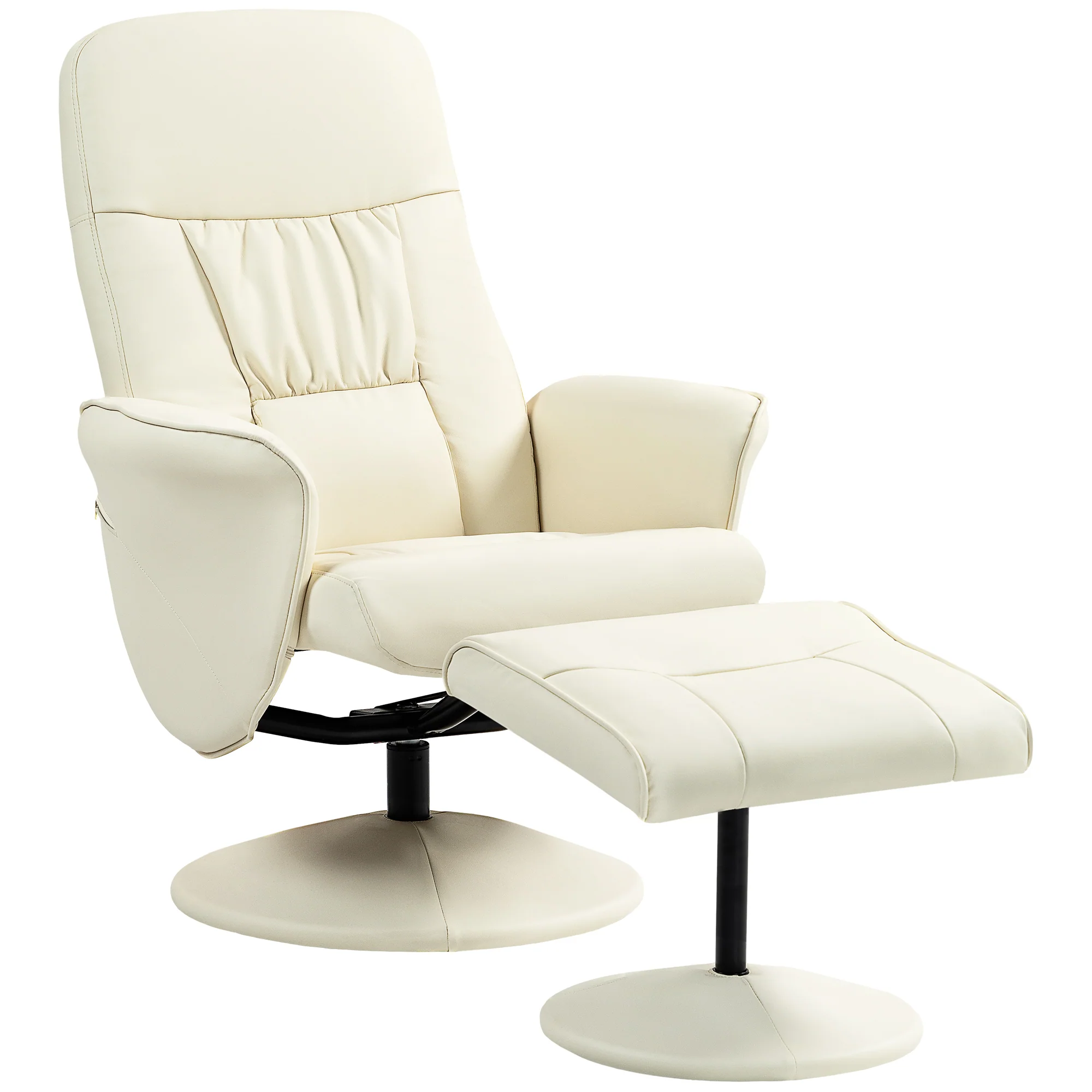 Swivel PU Leather Recliner Chair with Footstool, High Back and Round Base, Cream White - Image 2