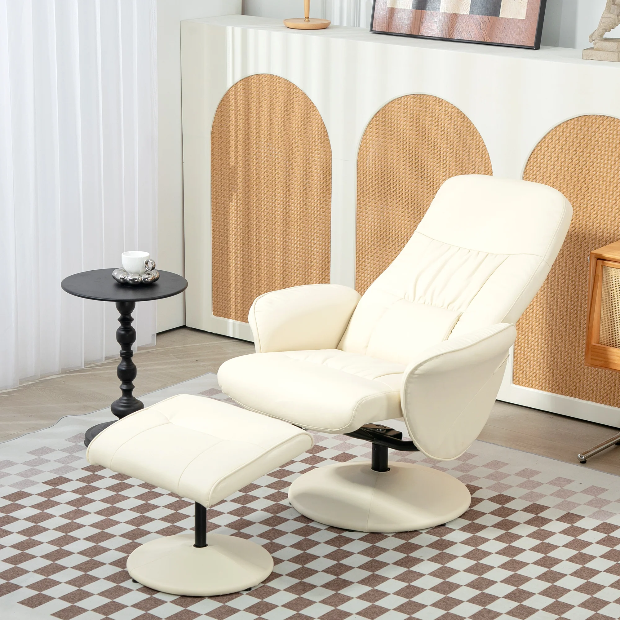 Swivel PU Leather Recliner Chair with Footstool, High Back and Round Base, Cream White - Image 4