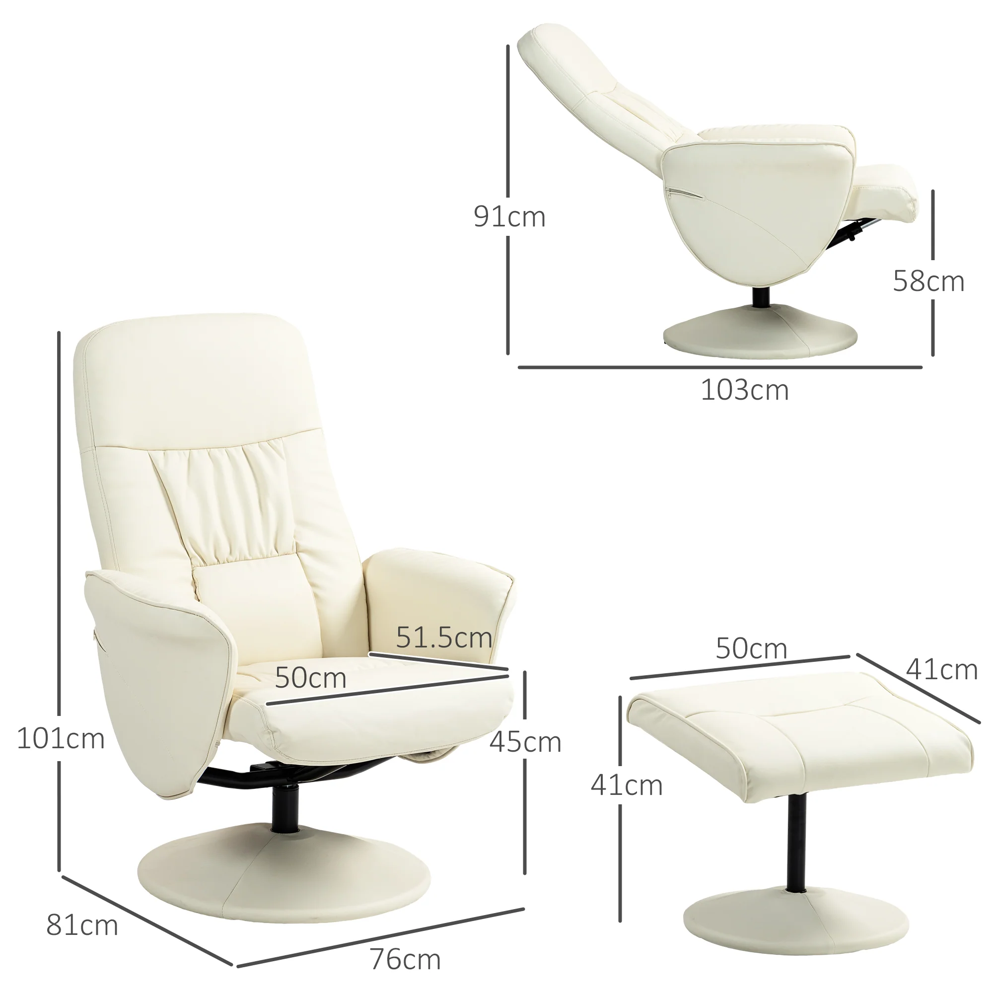 Swivel PU Leather Recliner Chair with Footstool, High Back and Round Base, Cream White - Image 5
