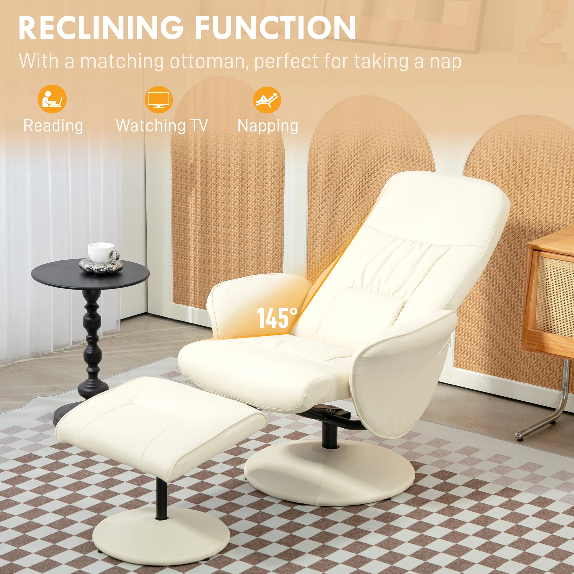 Swivel PU Leather Recliner Chair with Footstool, High Back and Round Base, Cream White - Image 6