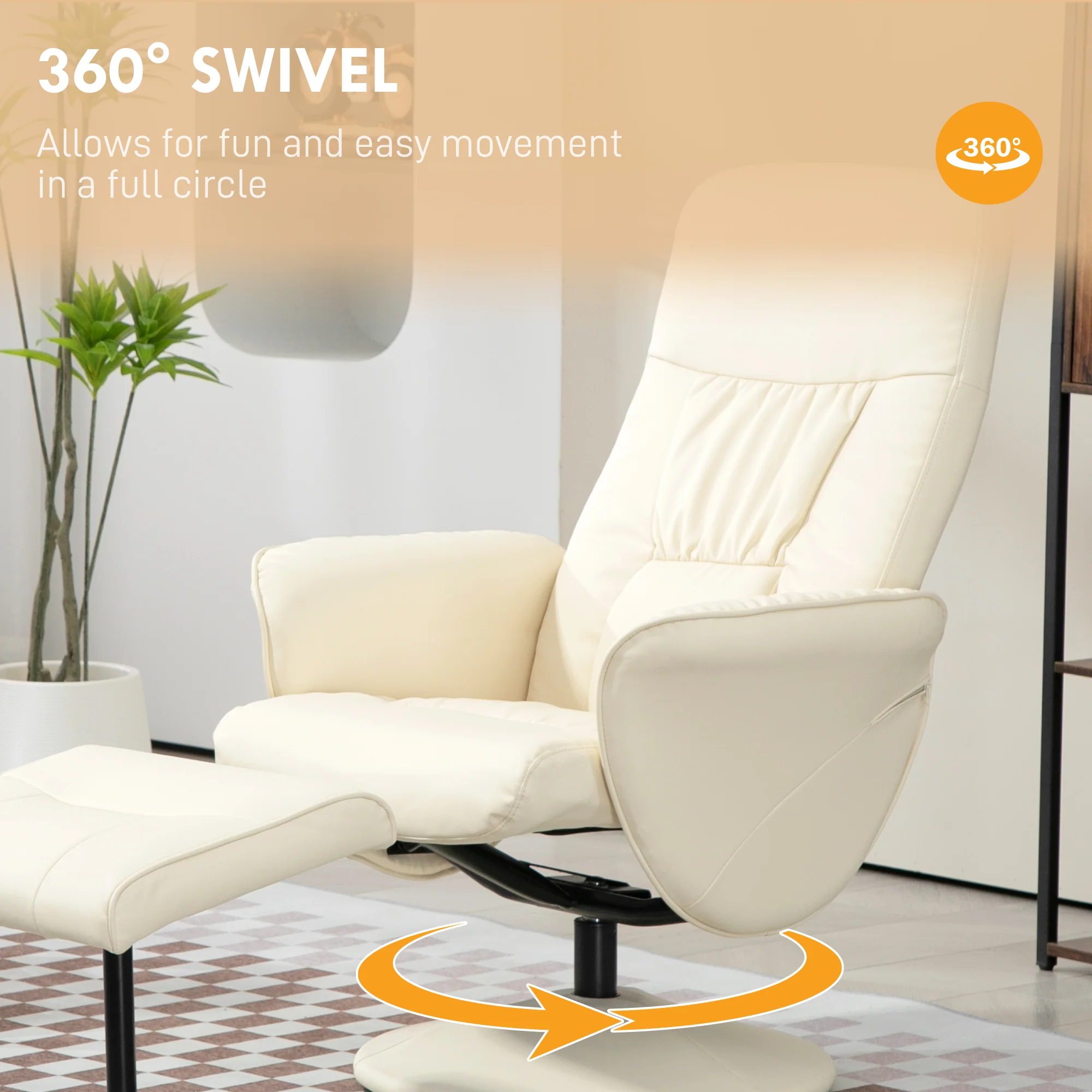 Swivel PU Leather Recliner Chair with Footstool, High Back and Round Base, Cream White - Image 7