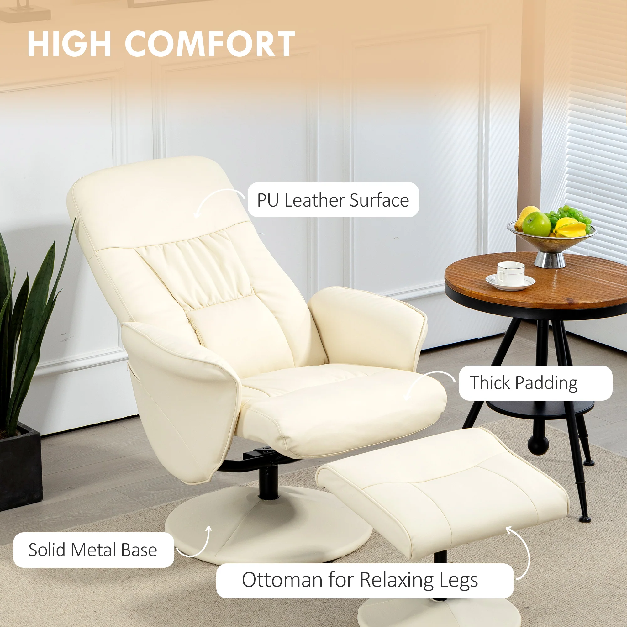 Swivel PU Leather Recliner Chair with Footstool, High Back and Round Base, Cream White - Image 8