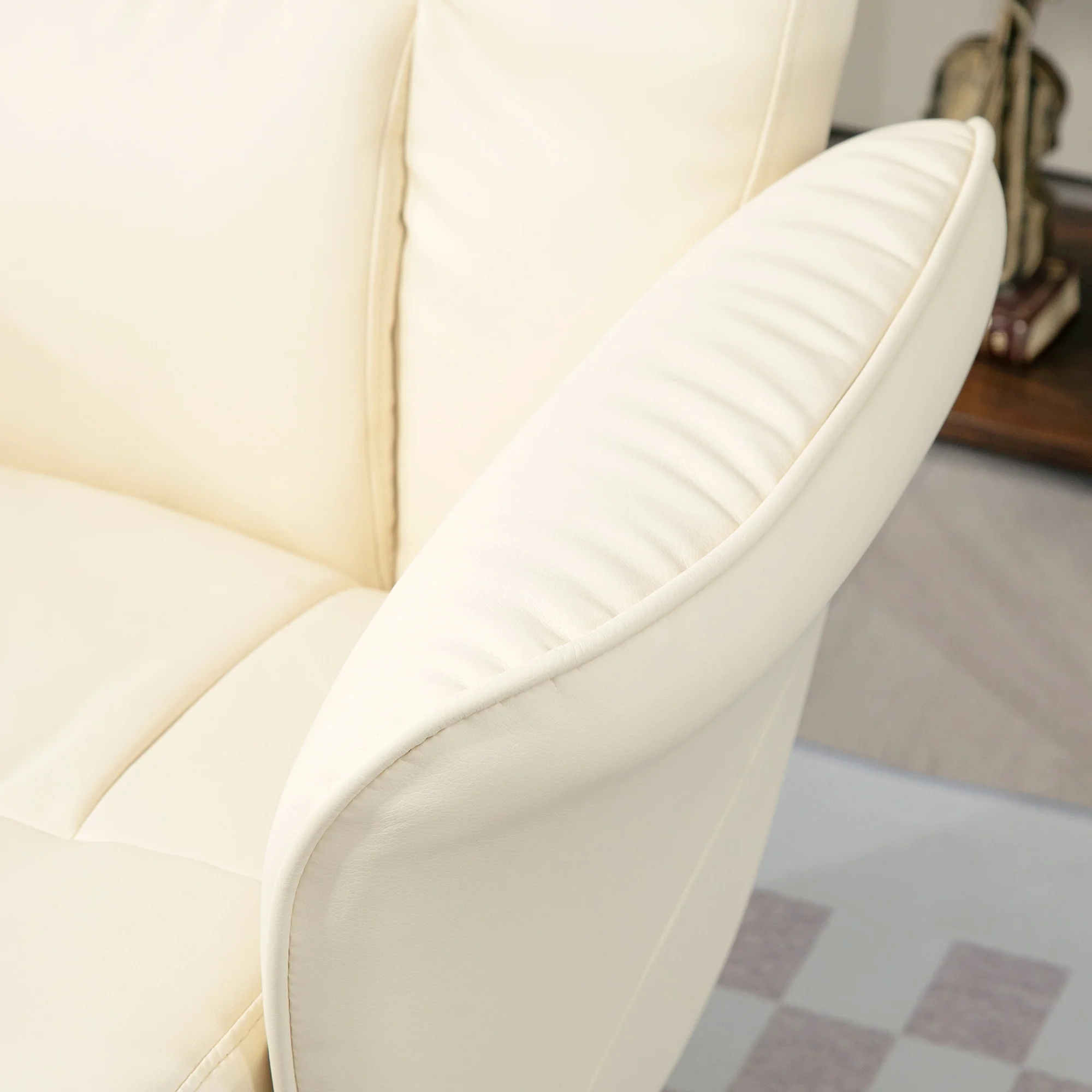 Swivel PU Leather Recliner Chair with Footstool, High Back and Round Base, Cream White - Image 9