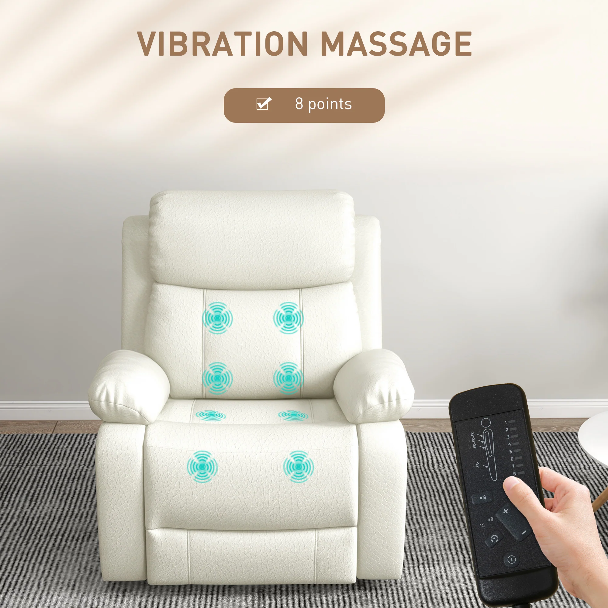 Swivel Rocker Manual Recliner with 8 Vibration Massage and Remote PU Leather Cream White - Image 6