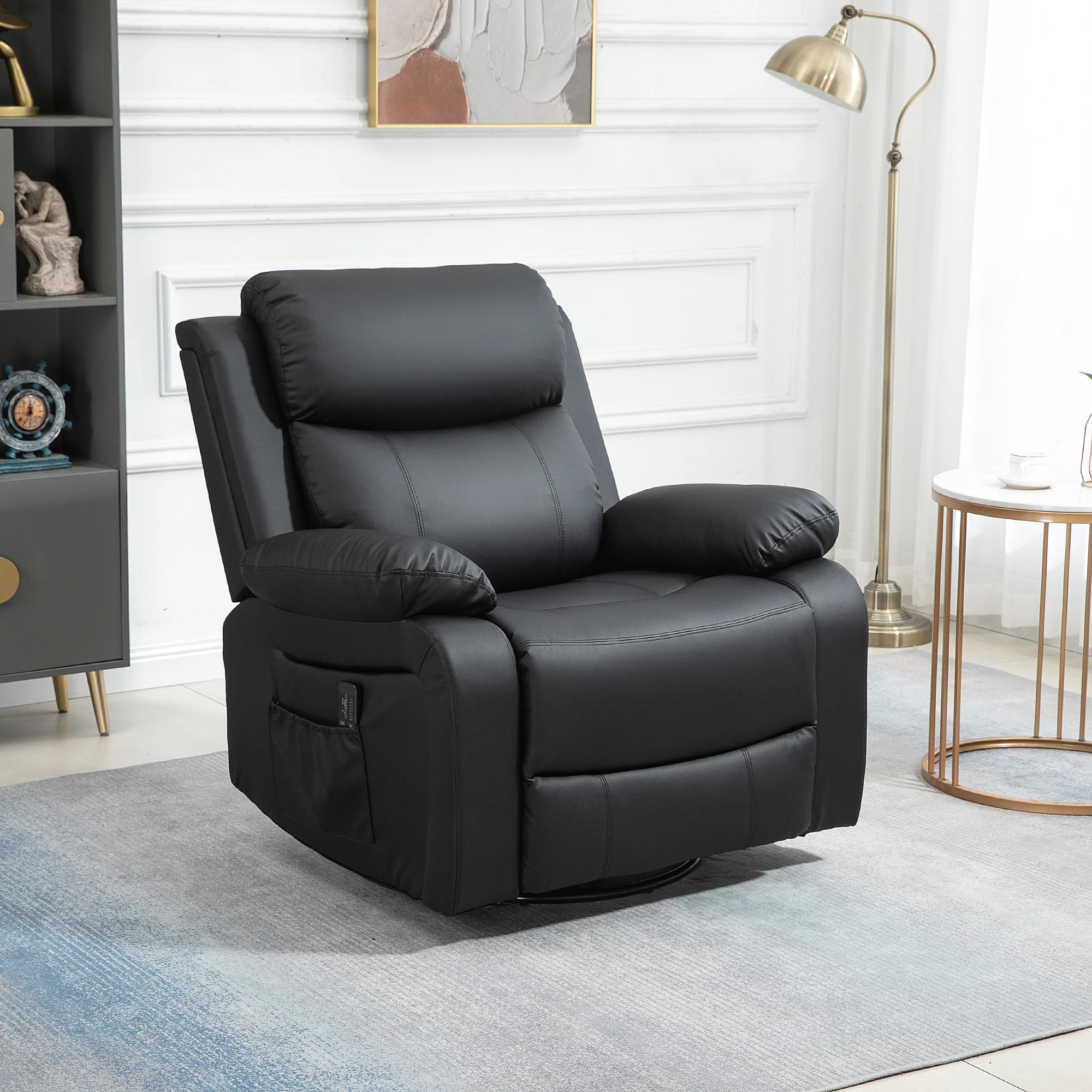 Swivel Rocker Manual Recliner with 8 Vibration Massage and Remote PU Leather Black - Image 4