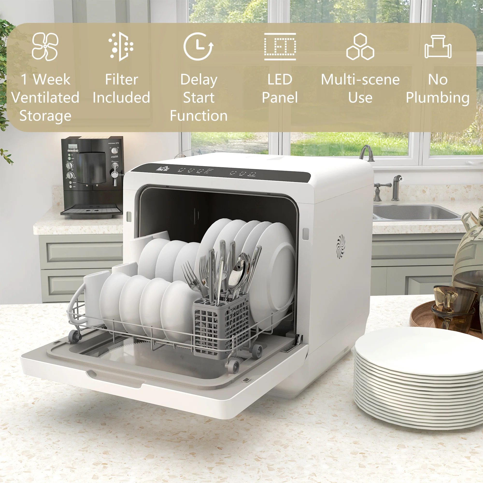 Table Top Dishwasher, Mini Countertop Dishwasher with Built-in 6L Water Tank, 6 Programs, White - Image 10