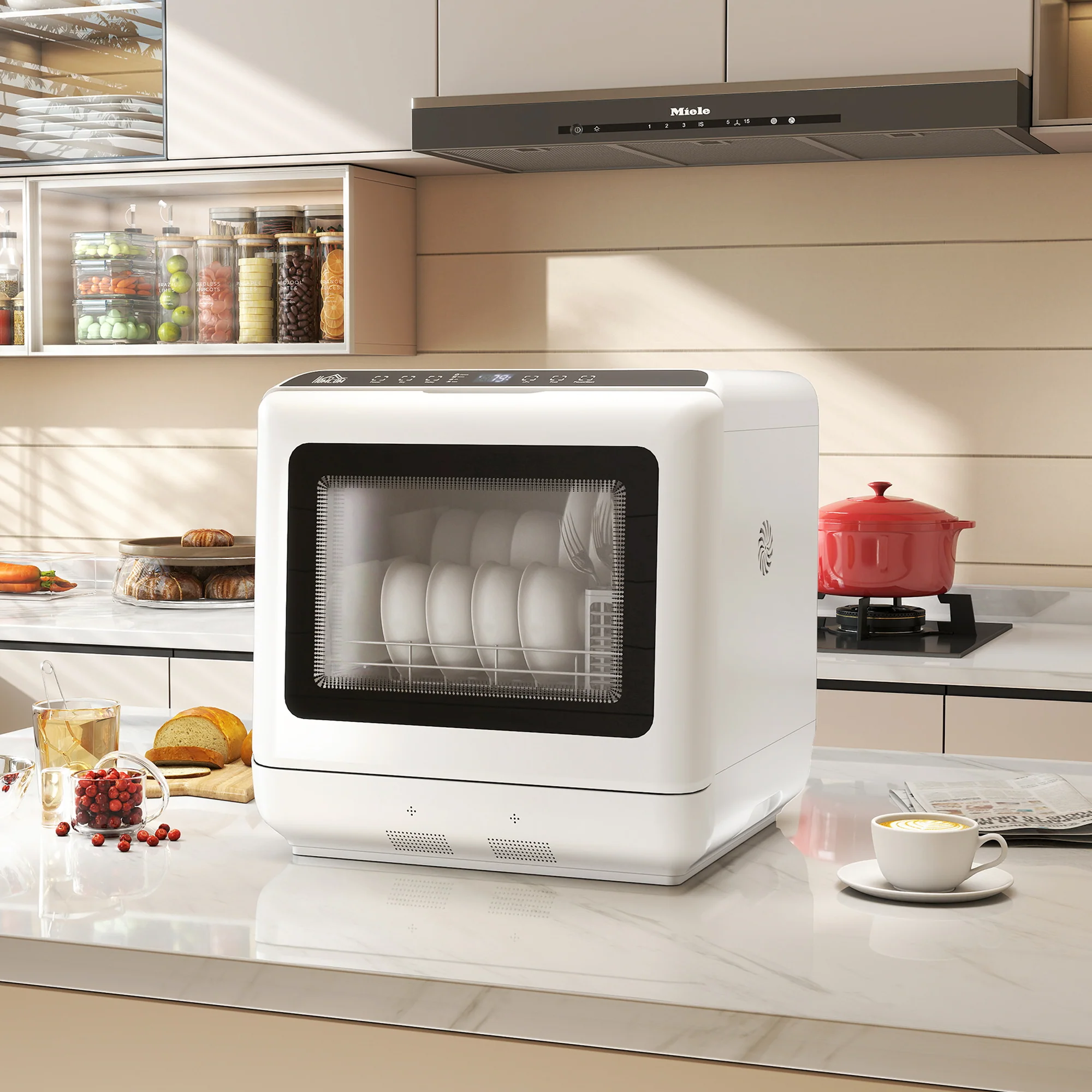 Tabletop Dishwasher, Mini Countertop Dishwasher with Built-in 6L Water Tank, 6 Programs, Touch Control, LED Display, 4 Place Settings, Dual Water Supply and Air Drying Function, White - Image 3
