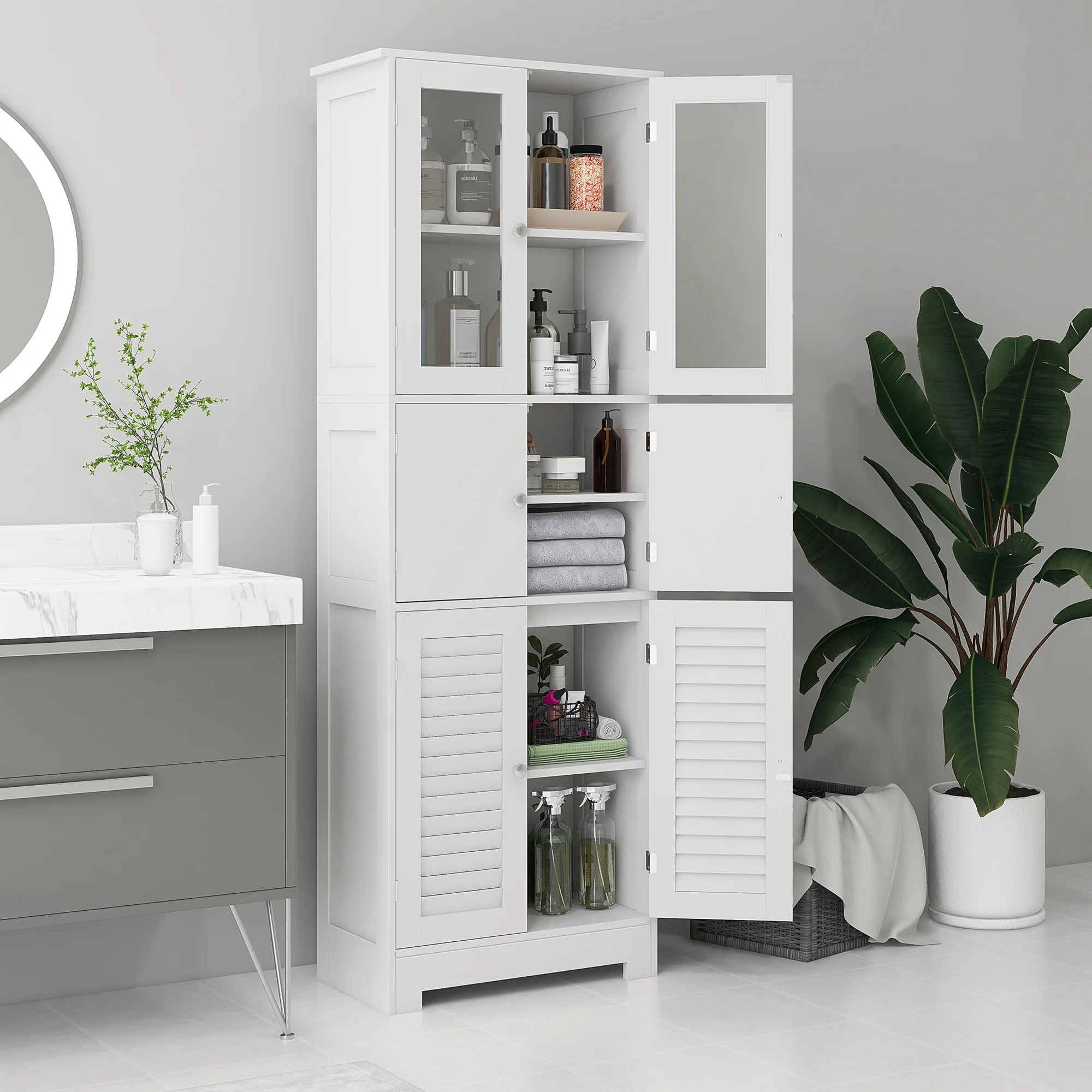 67" Tall Bathroom Storage Cabinet with Glass/Louvred Doors & Adjustable Shelf, White - Image 3