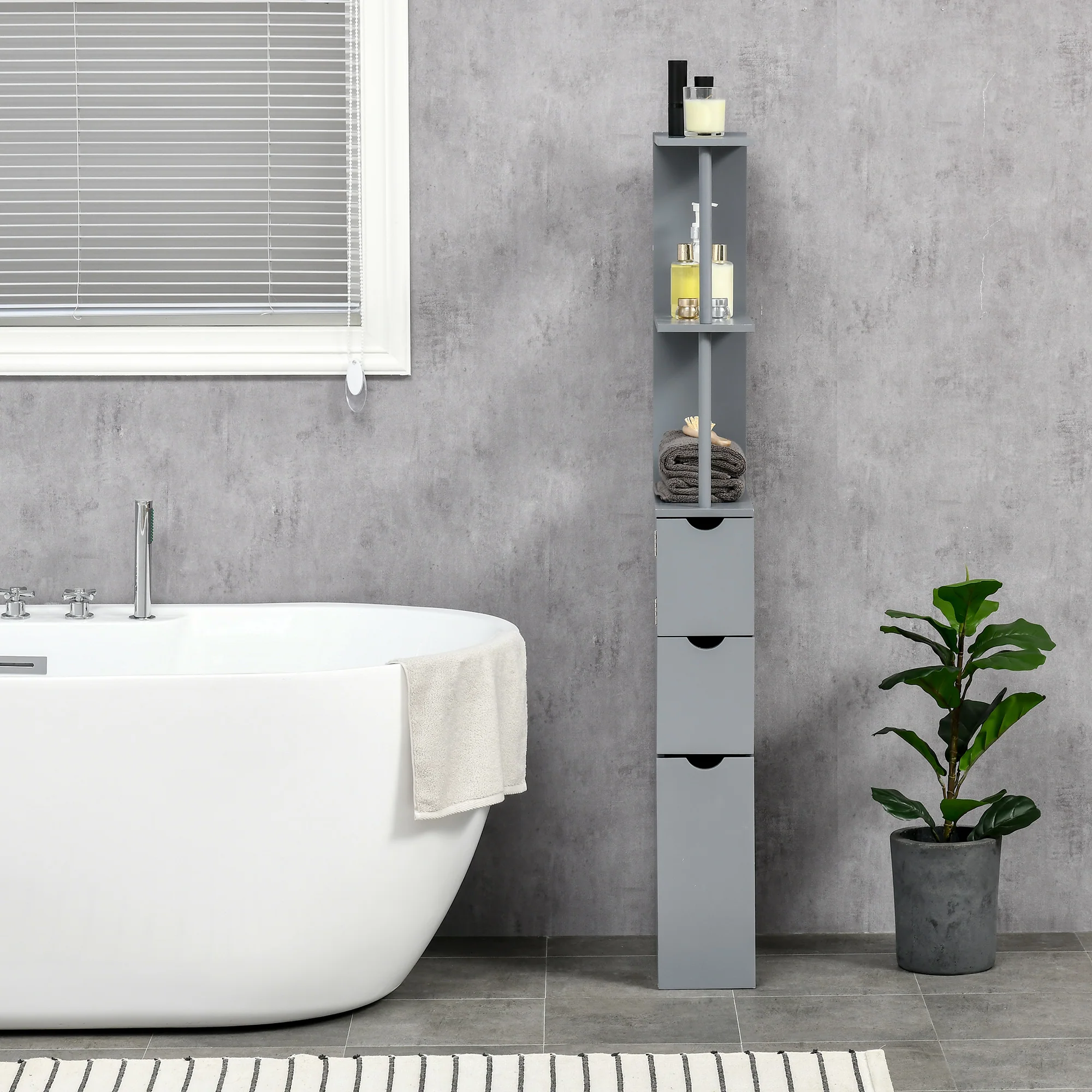 Tall Bathroom Cabinet, Narrow Cupboard Storage Unit with 2-Tier Shelf and Drawers, Grey - Image 4
