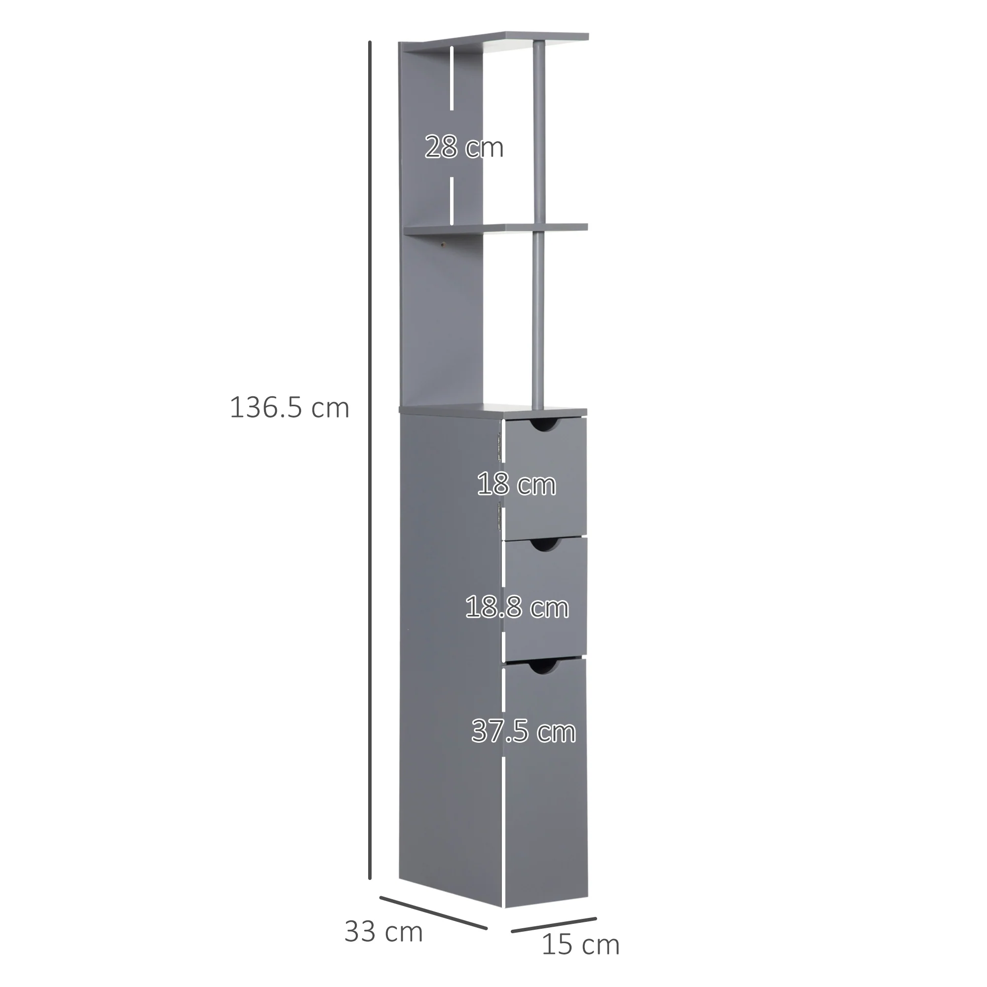 Tall Bathroom Cabinet, Narrow Cupboard Storage Unit with 2-Tier Shelf and Drawers, Grey - Image 5