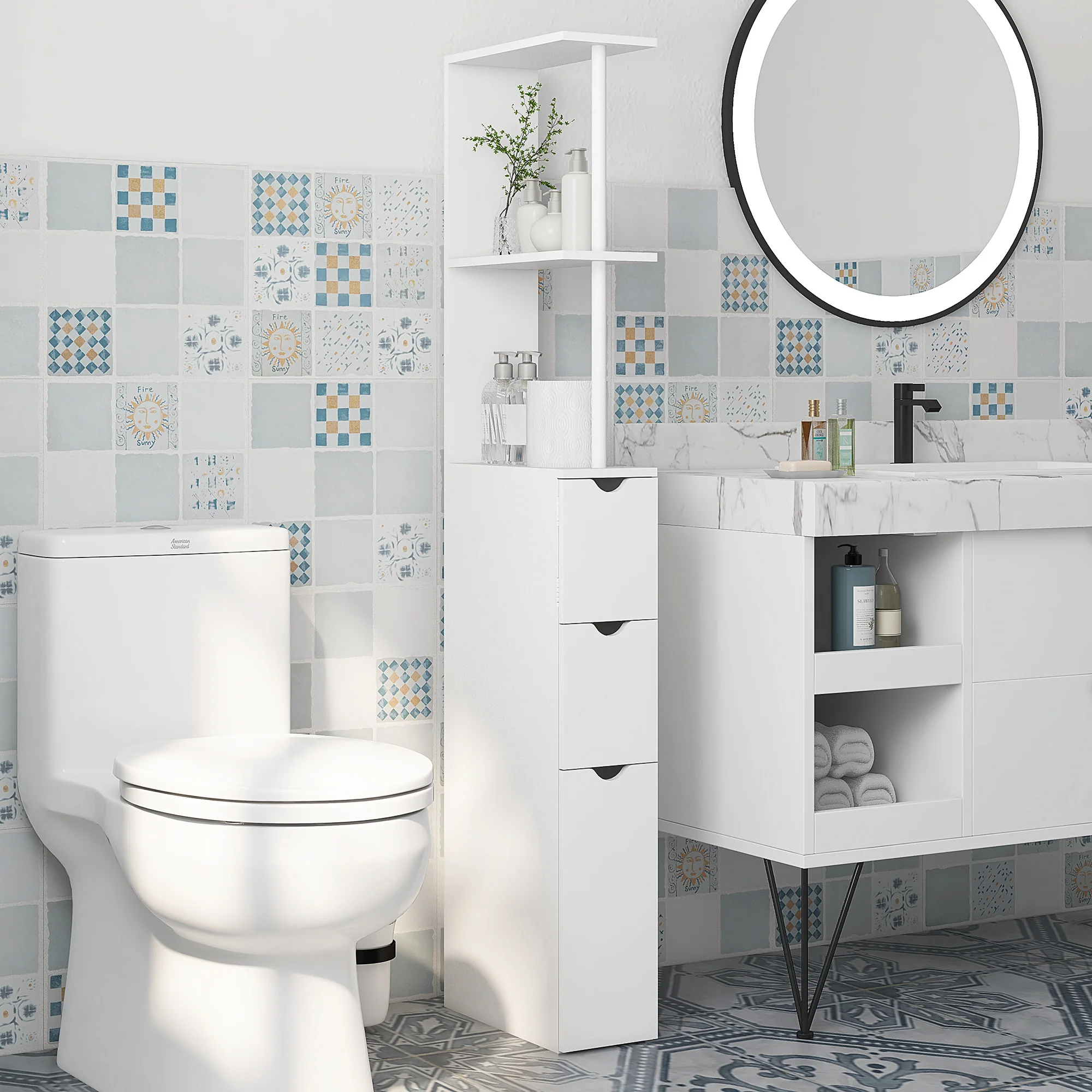 Tall Bathroom Cabinet, Narrow Cupboard Storage Unit with 2-Tier Shelf and Drawers, White - Image 3