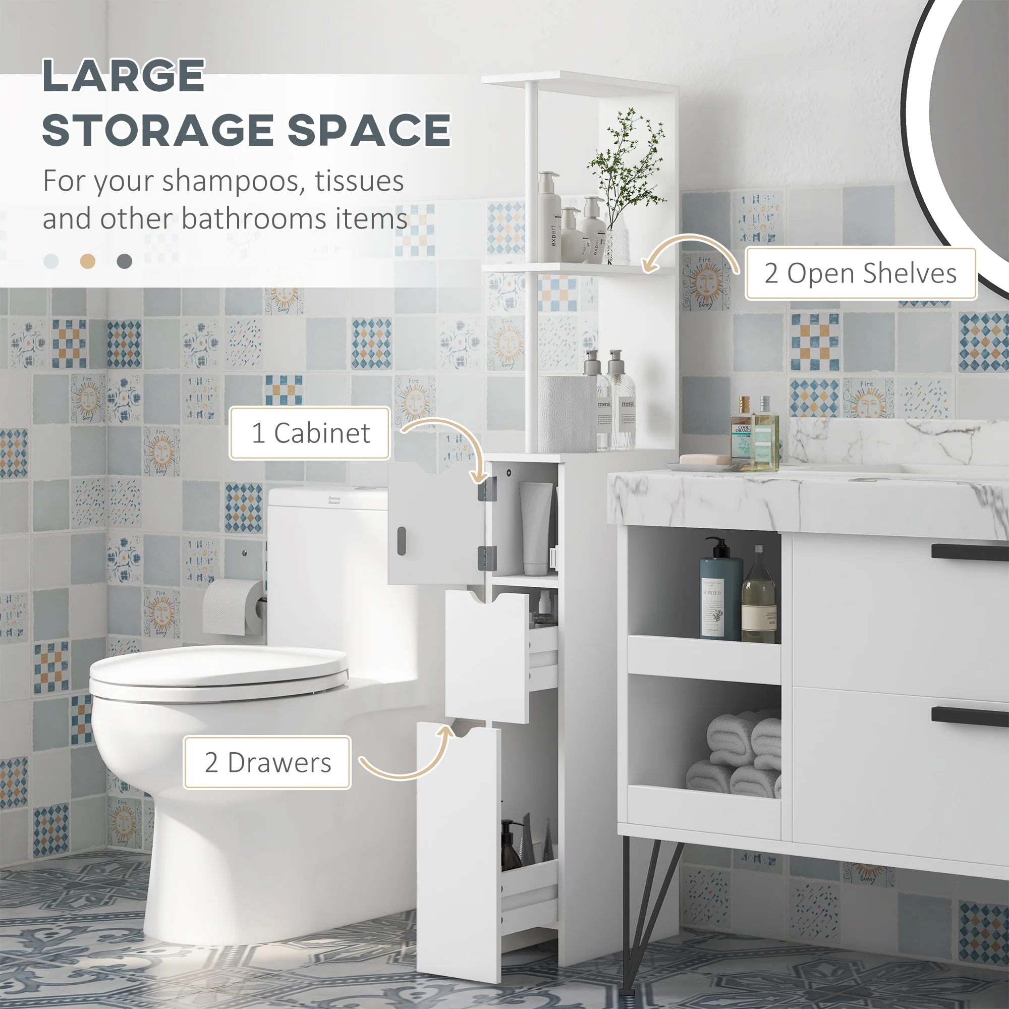 Tall Bathroom Cabinet, Narrow Cupboard Storage Unit with 2-Tier Shelf and Drawers, White - Image 6