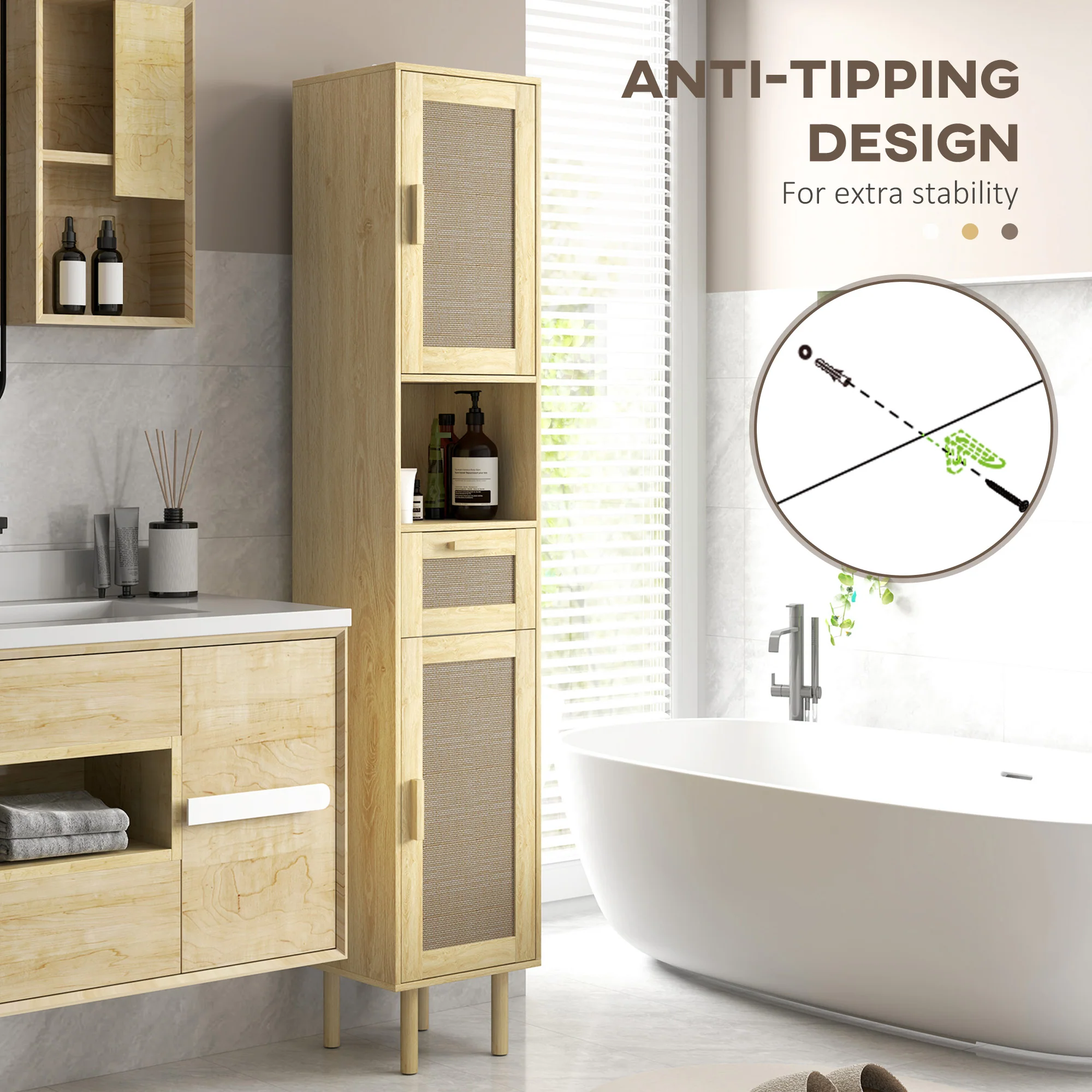 Tall Bathroom Cabinet with Rattan Doors Freestanding Storage with Drawer Oak - Image 10