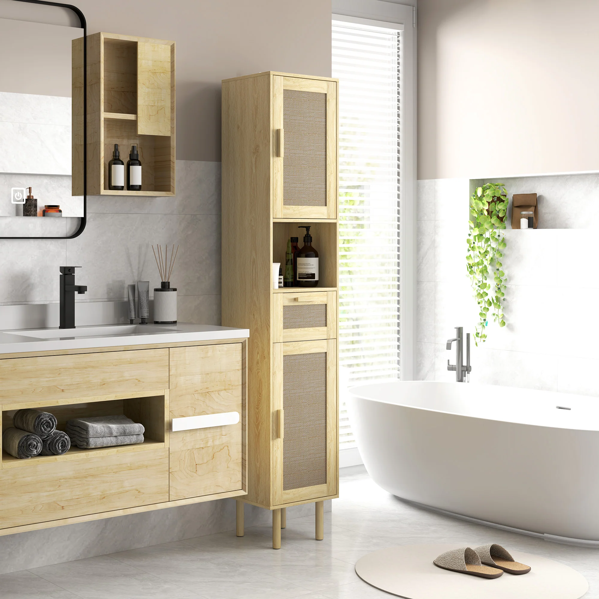 Tall Bathroom Cabinet with Rattan Doors Freestanding Storage with Drawer Oak - Image 3
