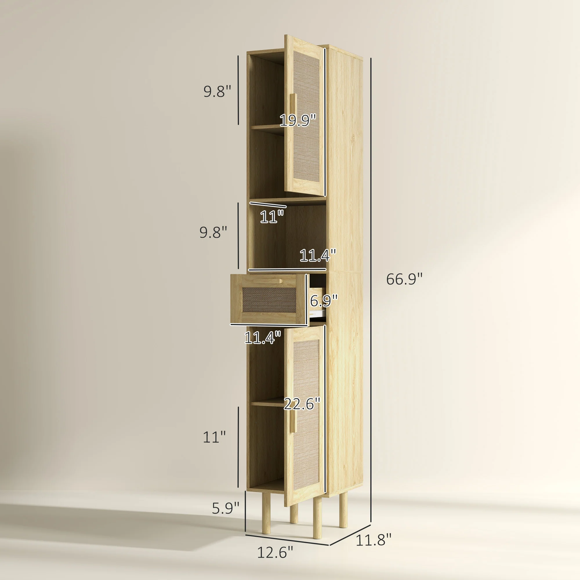 Tall Bathroom Cabinet with Rattan Doors Freestanding Storage with Drawer Oak - Image 5