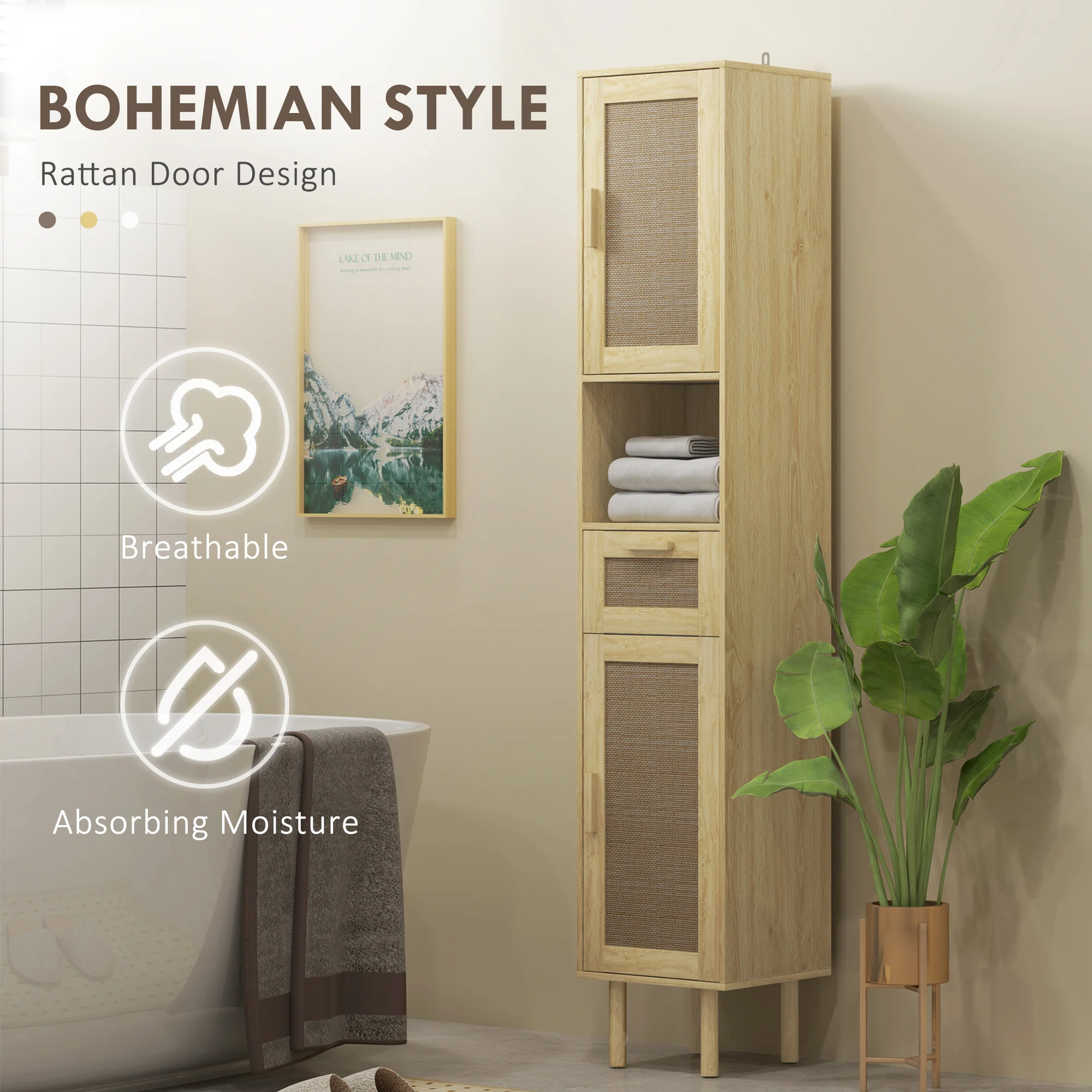 Tall Bathroom Cabinet with Rattan Doors Freestanding Storage with Drawer Oak - Image 6