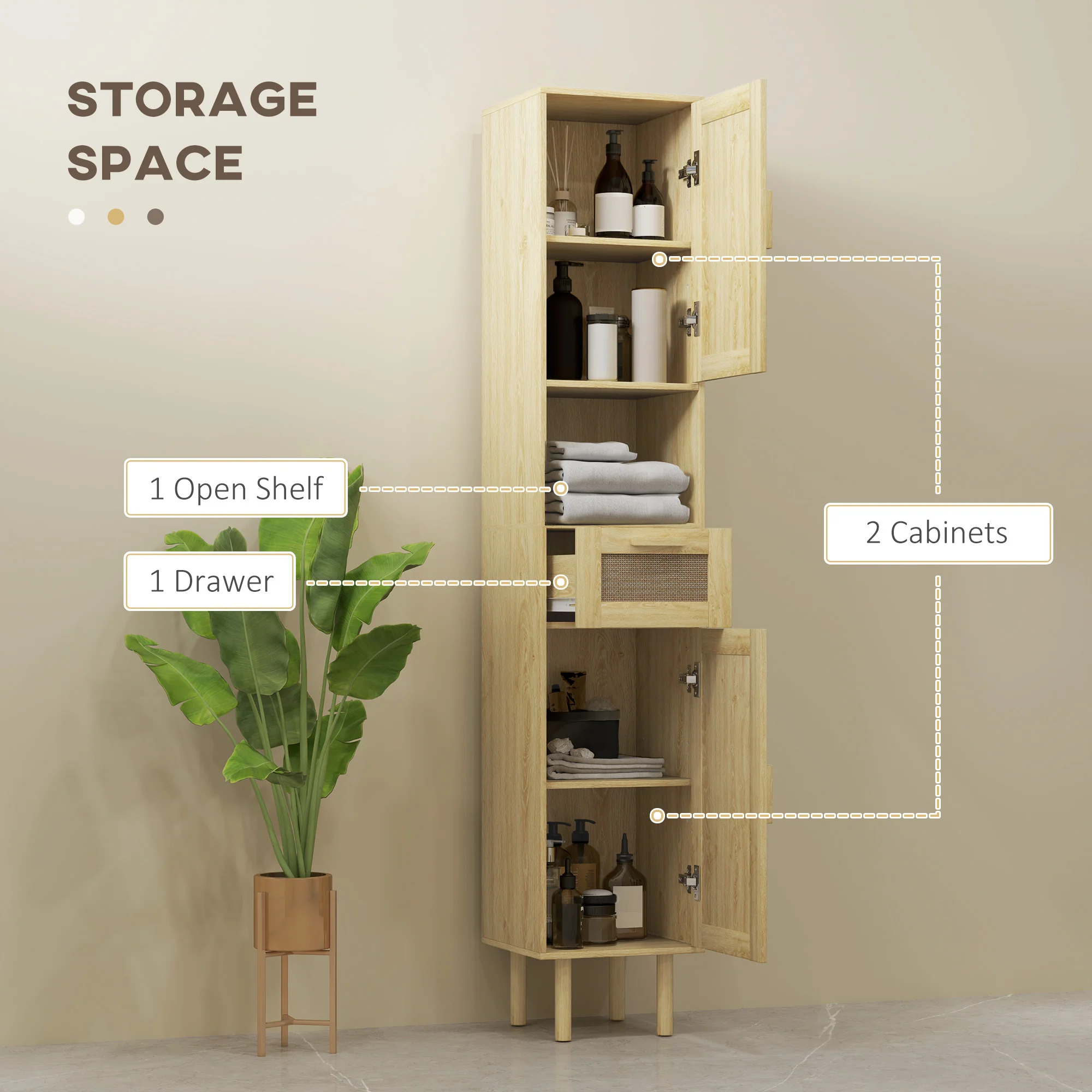 Tall Bathroom Cabinet with Rattan Doors Freestanding Storage with Drawer Oak - Image 8