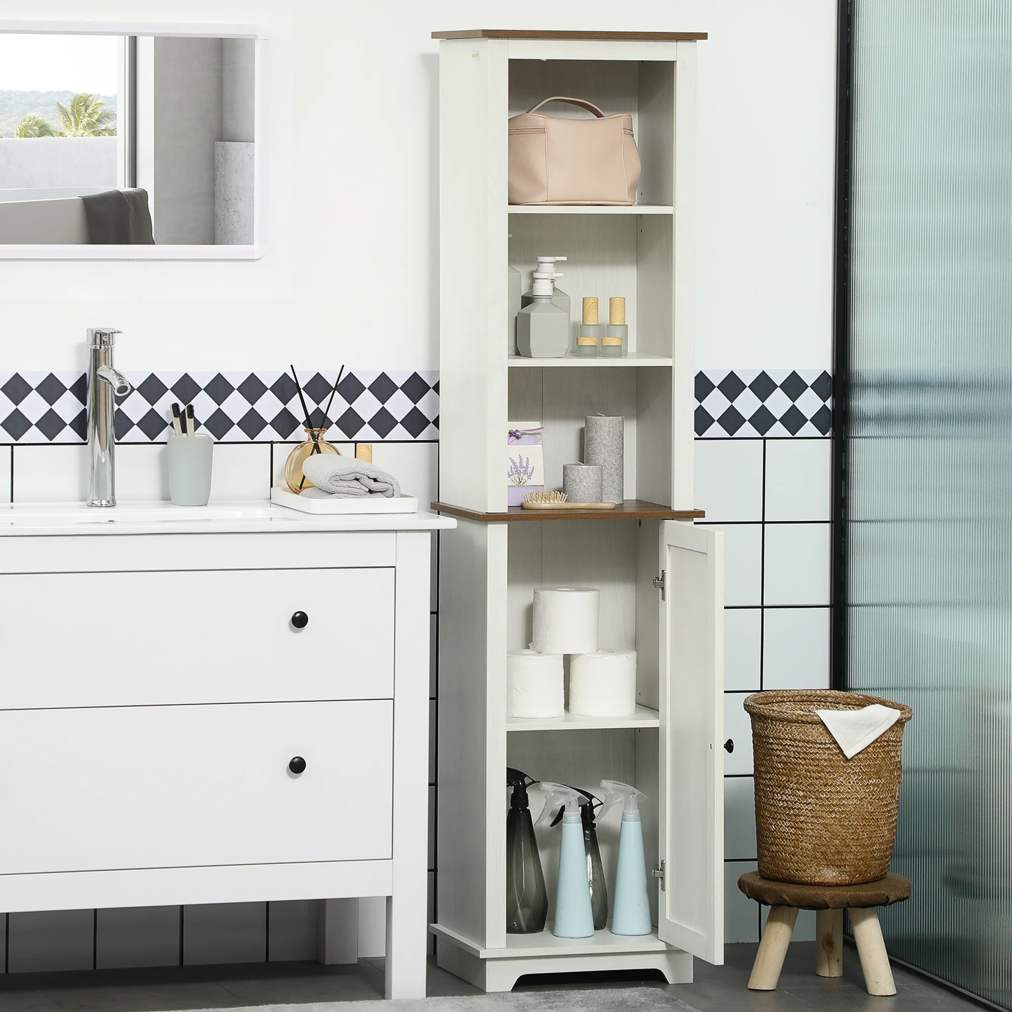 Bathroom Floor Cabinet, Freestanding Storage Cupboard with Door & Adjustable Shelves, White - Image 9