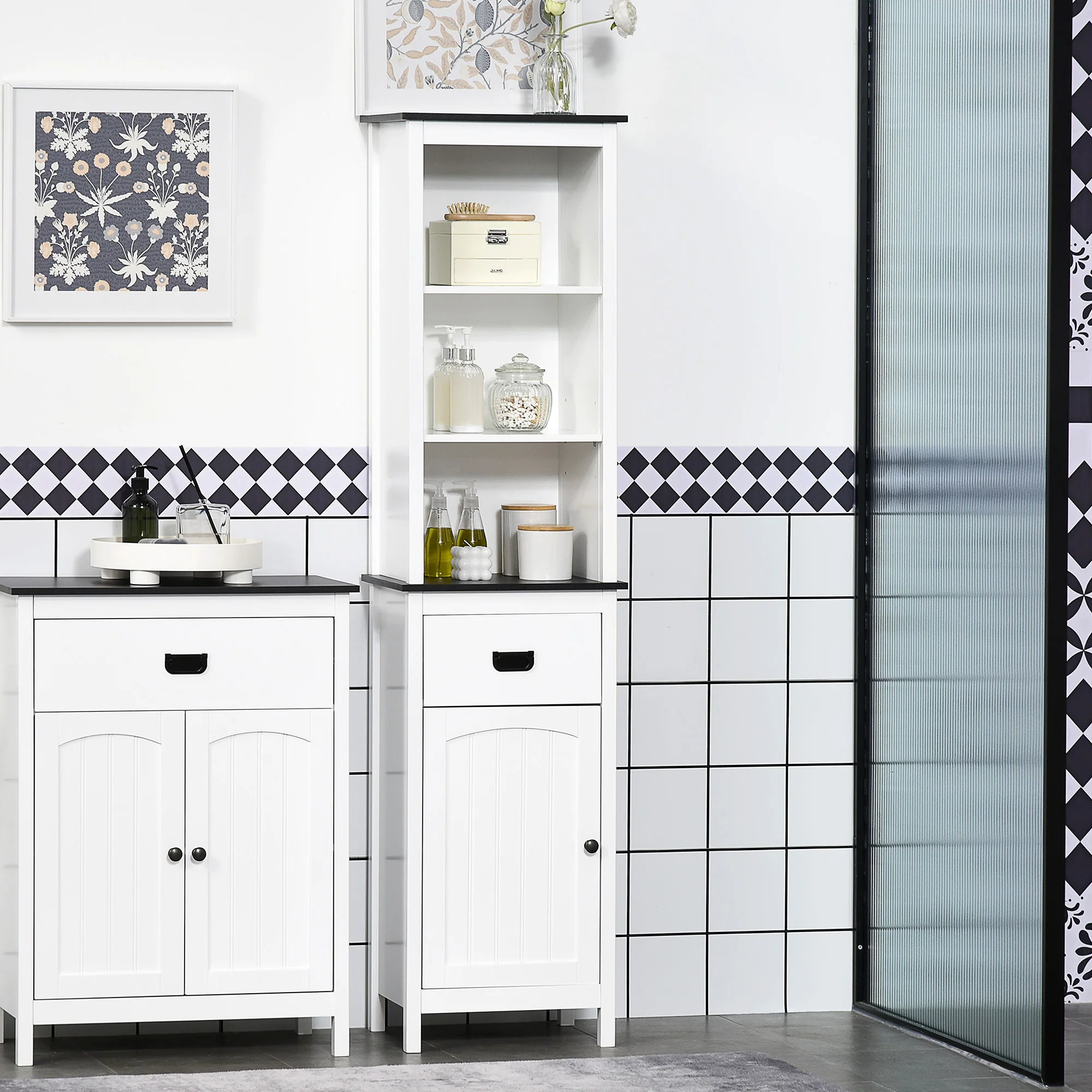 63" H Tall Bathroom Linen Cabinet, Floor Storage Cabinet with Drawer & Open Shelves, White - Image 4
