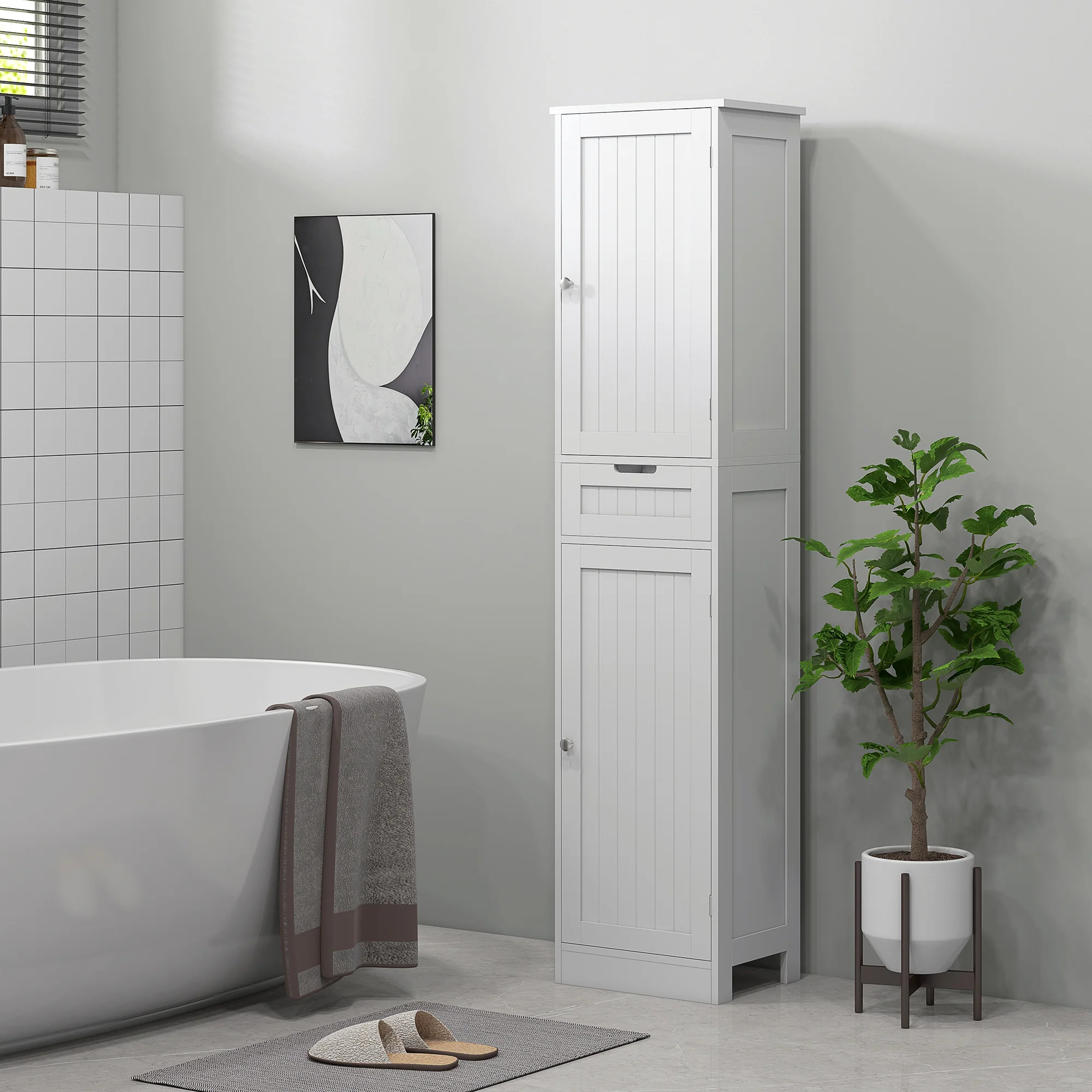 Freestanding Linen Cabinet, 67" Tall Narrow Cabinet w/ Drawer & Adjustable Shelves, White - Image 3