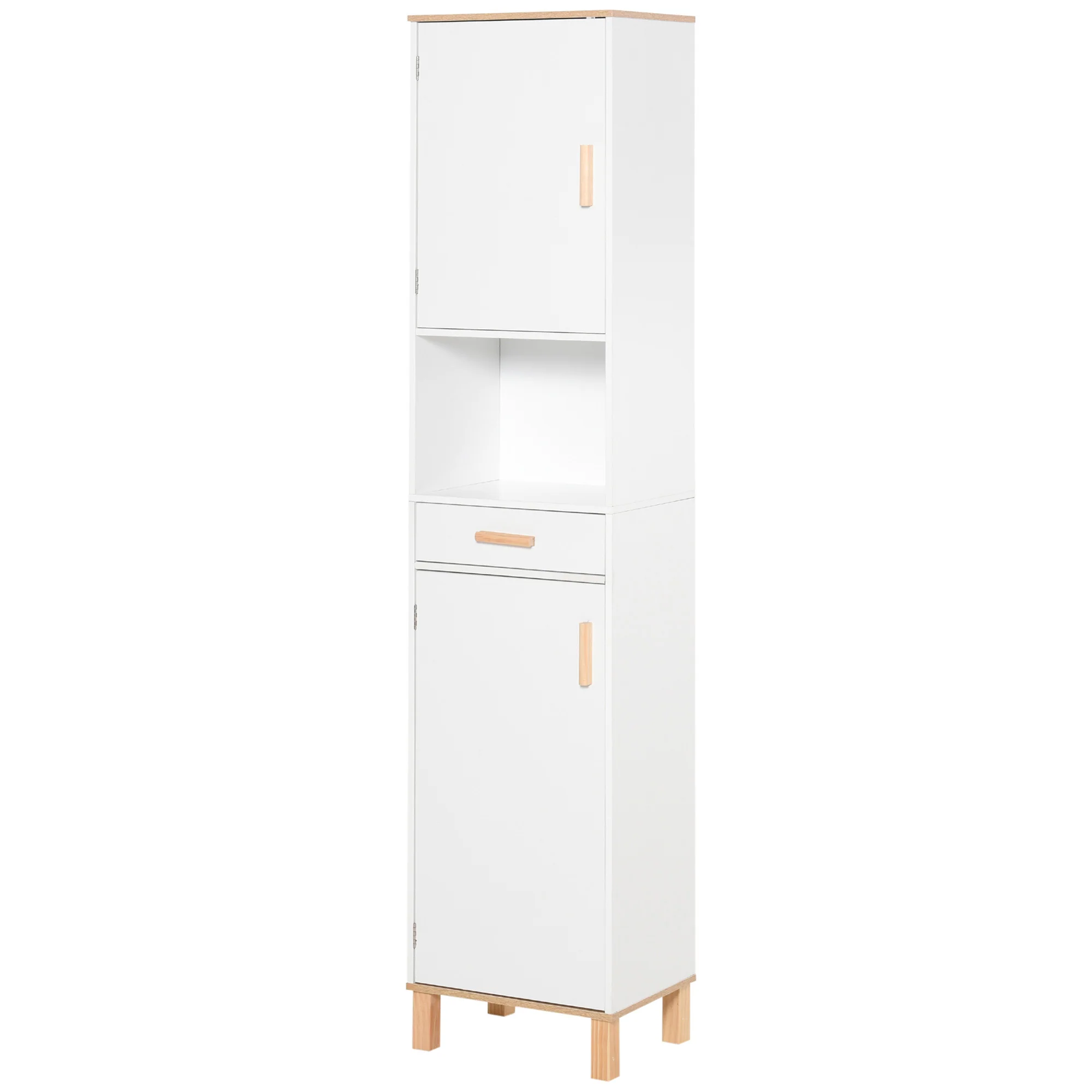 Freestanding Linen Tower, Slim Bathroom Cabinet with Doors, Open Shelf & Drawer, White - Image 2