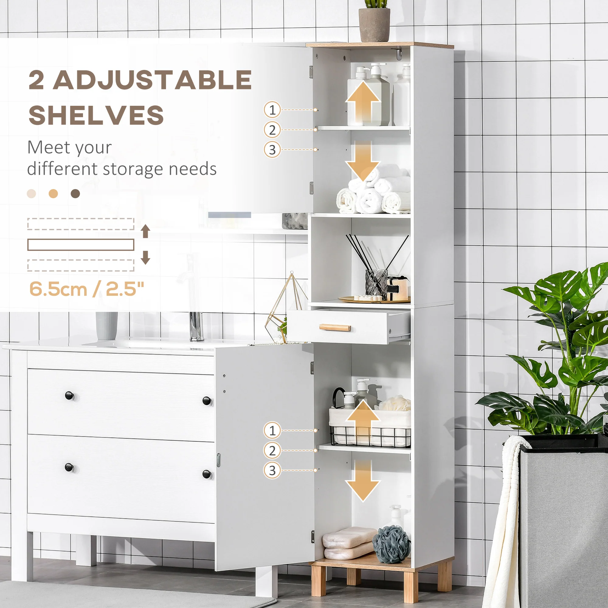 Freestanding Linen Tower, Slim Bathroom Cabinet with Doors, Open Shelf & Drawer, White - Image 6
