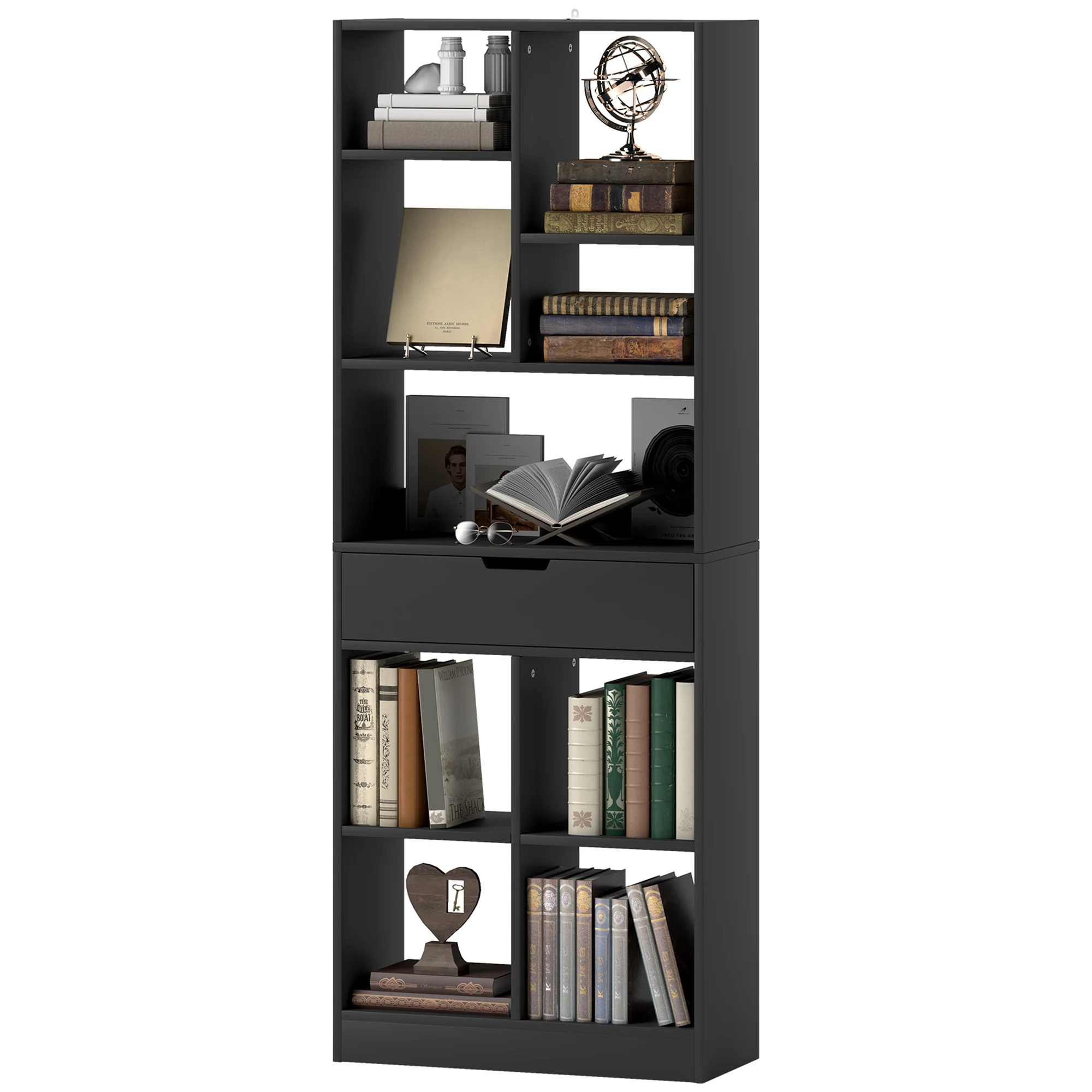 Tall Bookshelf with Drawer, Freestanding Bookcase with Open Shelves, Display Rack, Black - Image 2