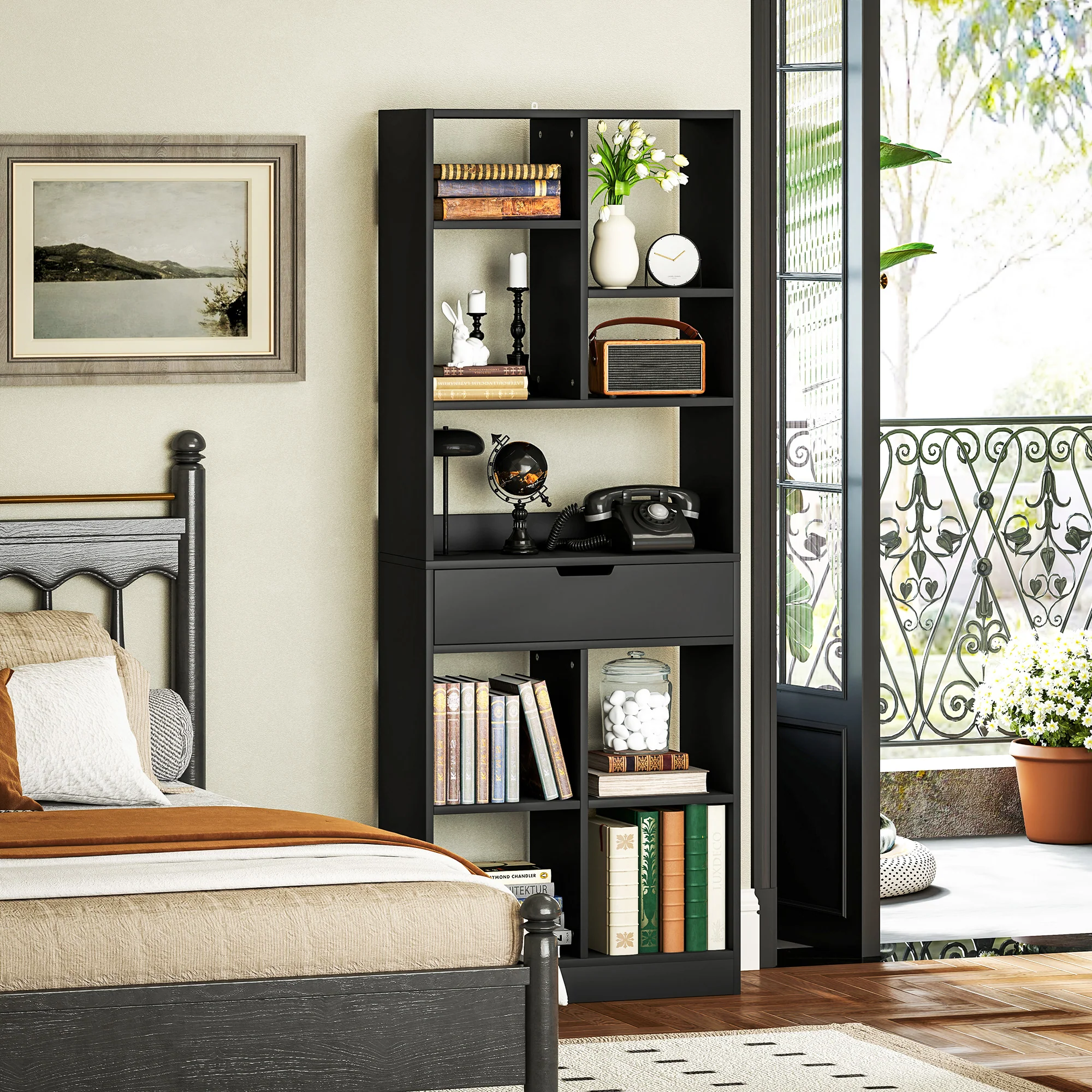 Tall Bookshelf with Drawer, Freestanding Bookcase with Open Shelves, Display Rack, Black - Image 4