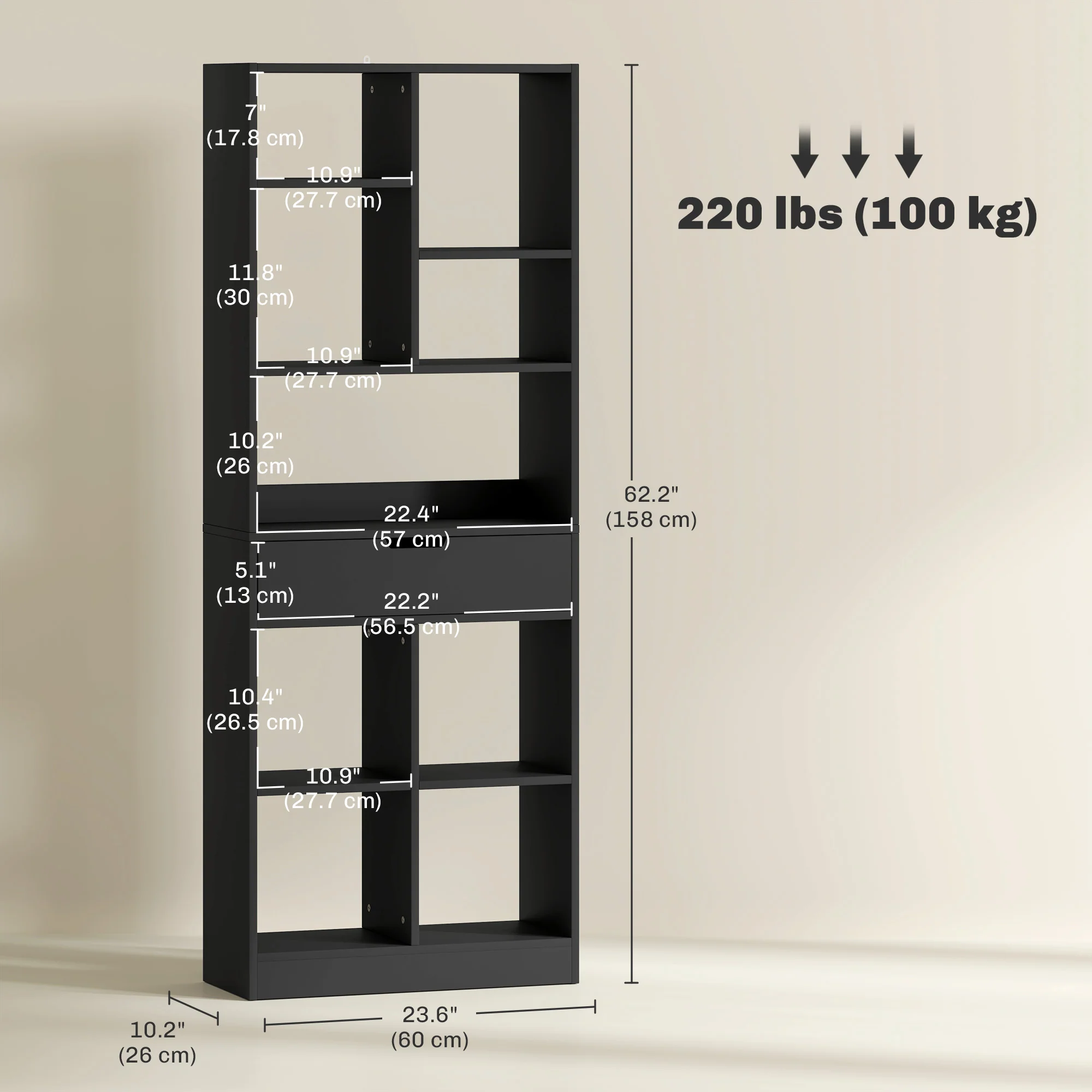 Tall Bookshelf with Drawer, Freestanding Bookcase with Open Shelves, Display Rack, Black - Image 5