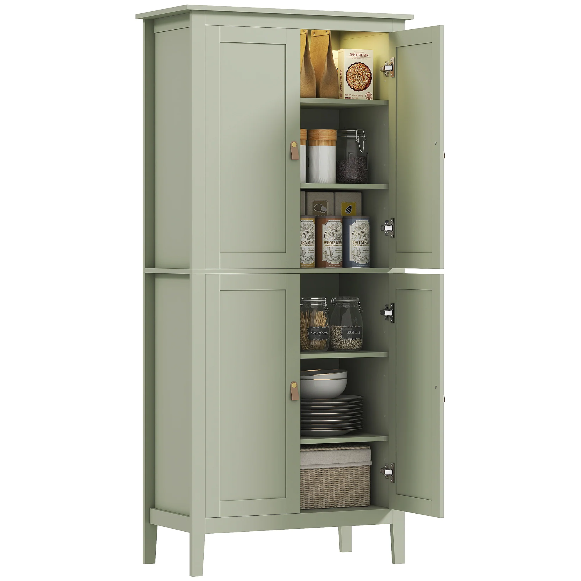Tall Kitchen Cupboard with Motion Sensor LED Light, 3-Colour Dimmable Lighting, 177 cm Freestanding Storage Cabinet with Doors and Adjustable Shelves, Green - Image 2