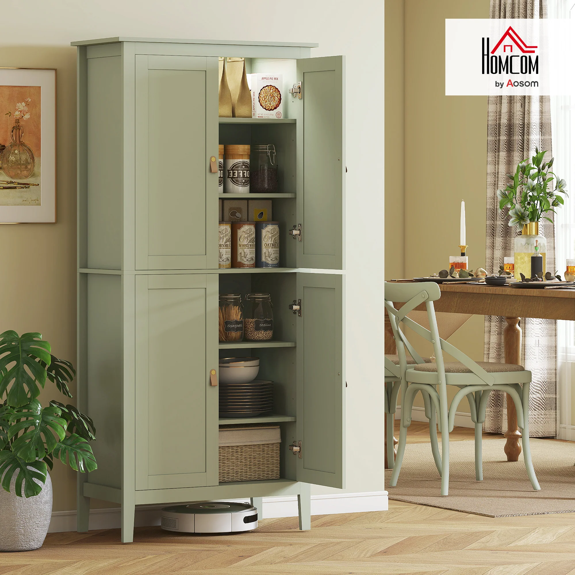 Tall Kitchen Cupboard with Motion Sensor LED Light, 3-Colour Dimmable Lighting, 177 cm Freestanding Storage Cabinet with Doors and Adjustable Shelves, Green - Image 4