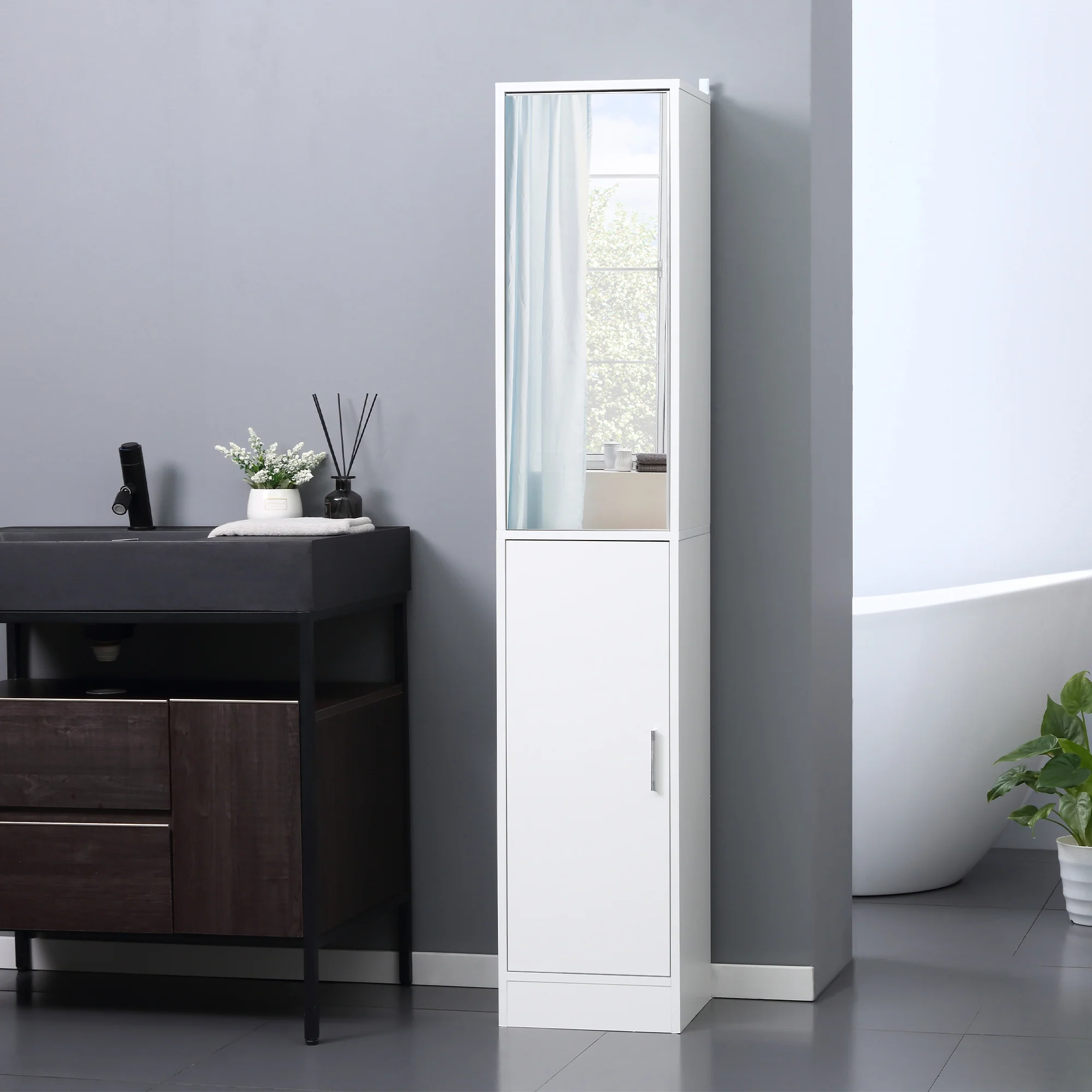 Mirrored Bathroom Cabinet, Floor Standing Tallboy Unit with Adjustable Shelf, White - Image 3