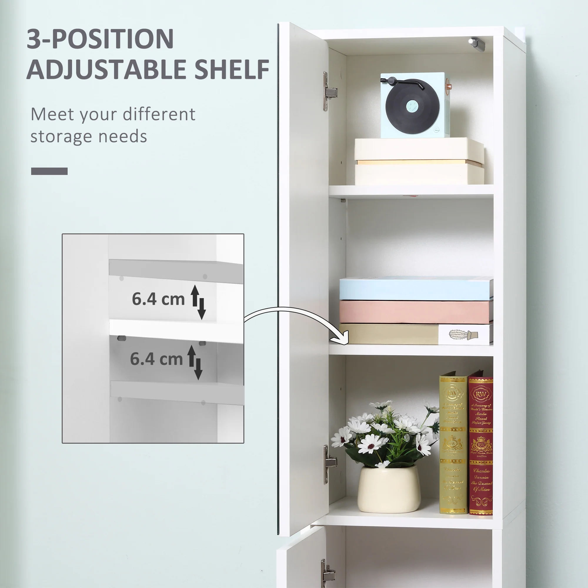 Mirrored Bathroom Cabinet, Floor Standing Tallboy Unit with Adjustable Shelf, White - Image 8