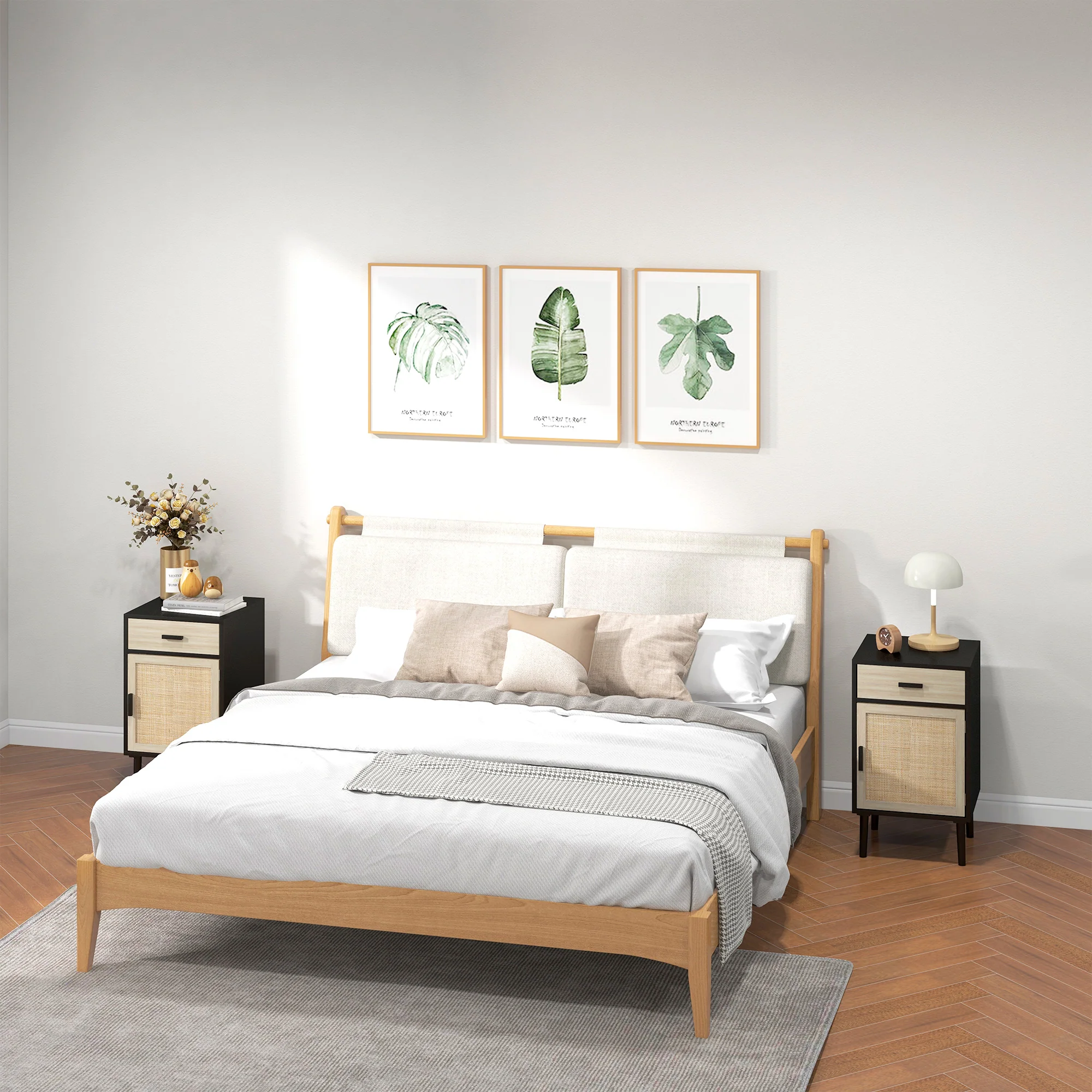Boho Nightstands Set of 2, Rattan End Tables w/ Drawer, Cabinet & Adjustable Shelf, Black - Image 3