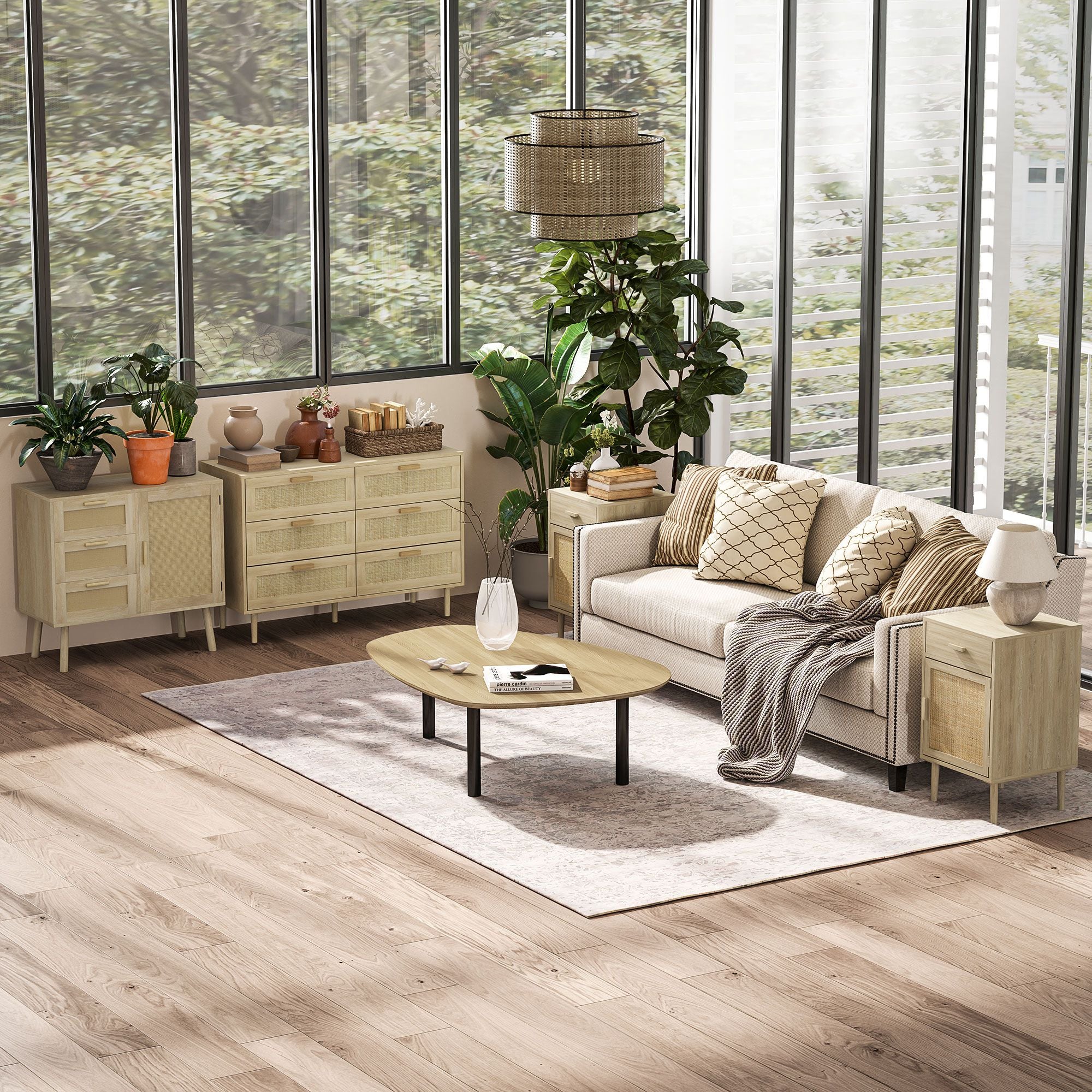 Boho Nightstands Set of 2, Rattan End Tables w/ Drawer, Cabinet & Adjustable Shelf, Oak - Image 11