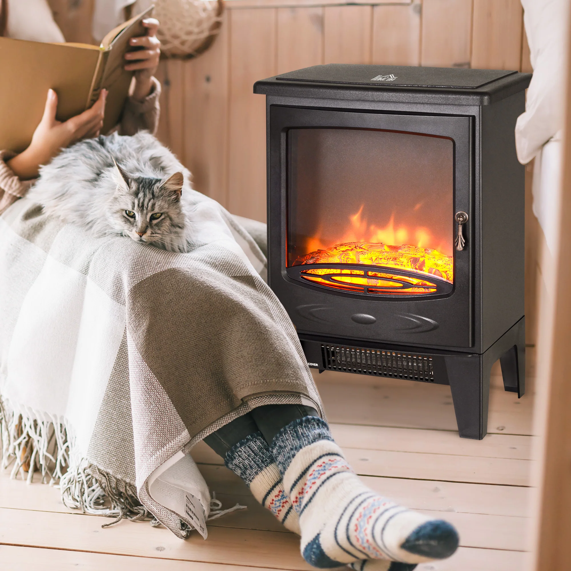 Tempered Glass Casing Electric Fireplace, Freestanding Electric Fire with Realistic Flame Effect, Log Burner with Overheat Protection, 950w/ 1850W, Black - Image 3