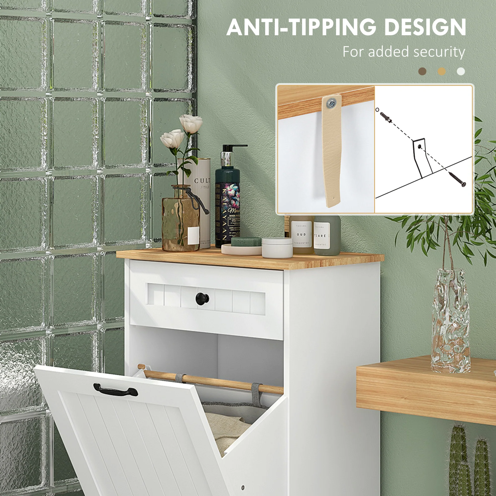 Tilt-Out Laundry Hamper, Laundry Cabinet with Removable Basket and Drawer for Bathroom, White - Image 8