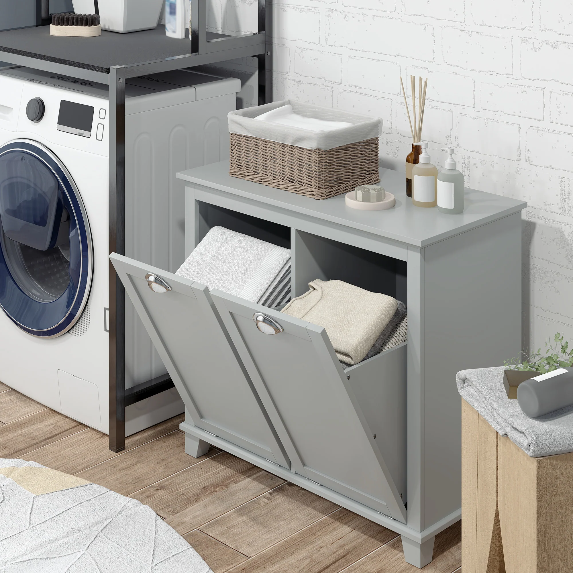 Tilt-Out Laundry Hamper, Floor Bathroom Storage Organizer with 2 Compartment, Grey - Image 4