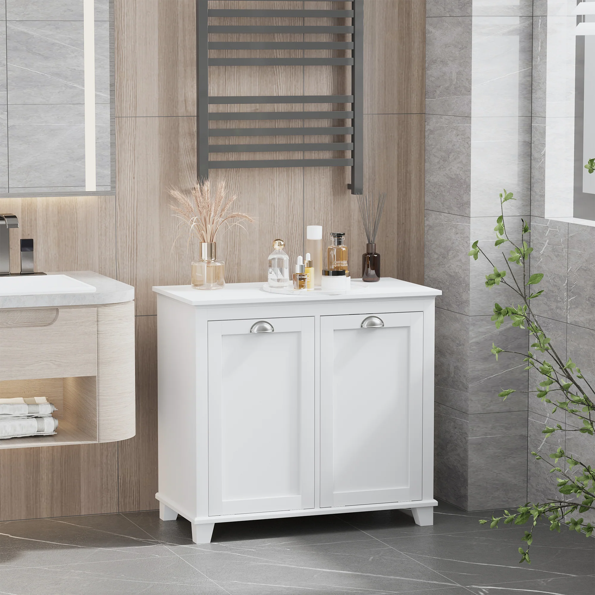Tilt-Out Laundry Hamper, Floor Bathroom Storage Organizer with 2 Compartment, White - Image 3
