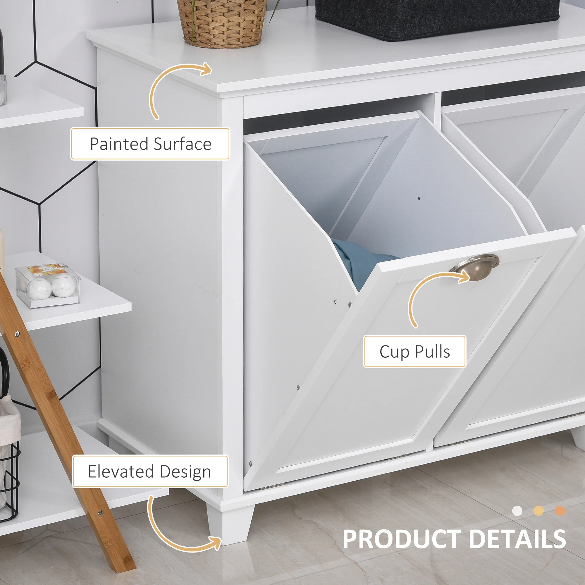 Tilt-Out Laundry Hamper, Floor Bathroom Storage Organizer with 2 Compartment, White - Image 7