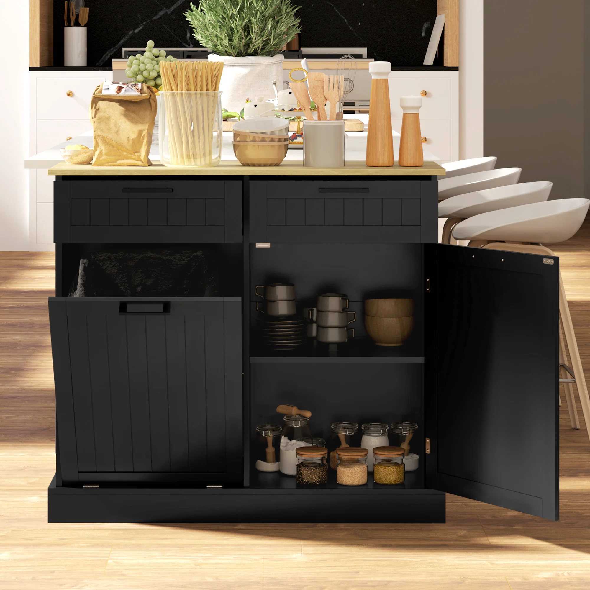 10 Gallon Tilt-Out Trash Cabinet with 2 Drawers Hidden Bin Kitchen Hallway Black - Image 4