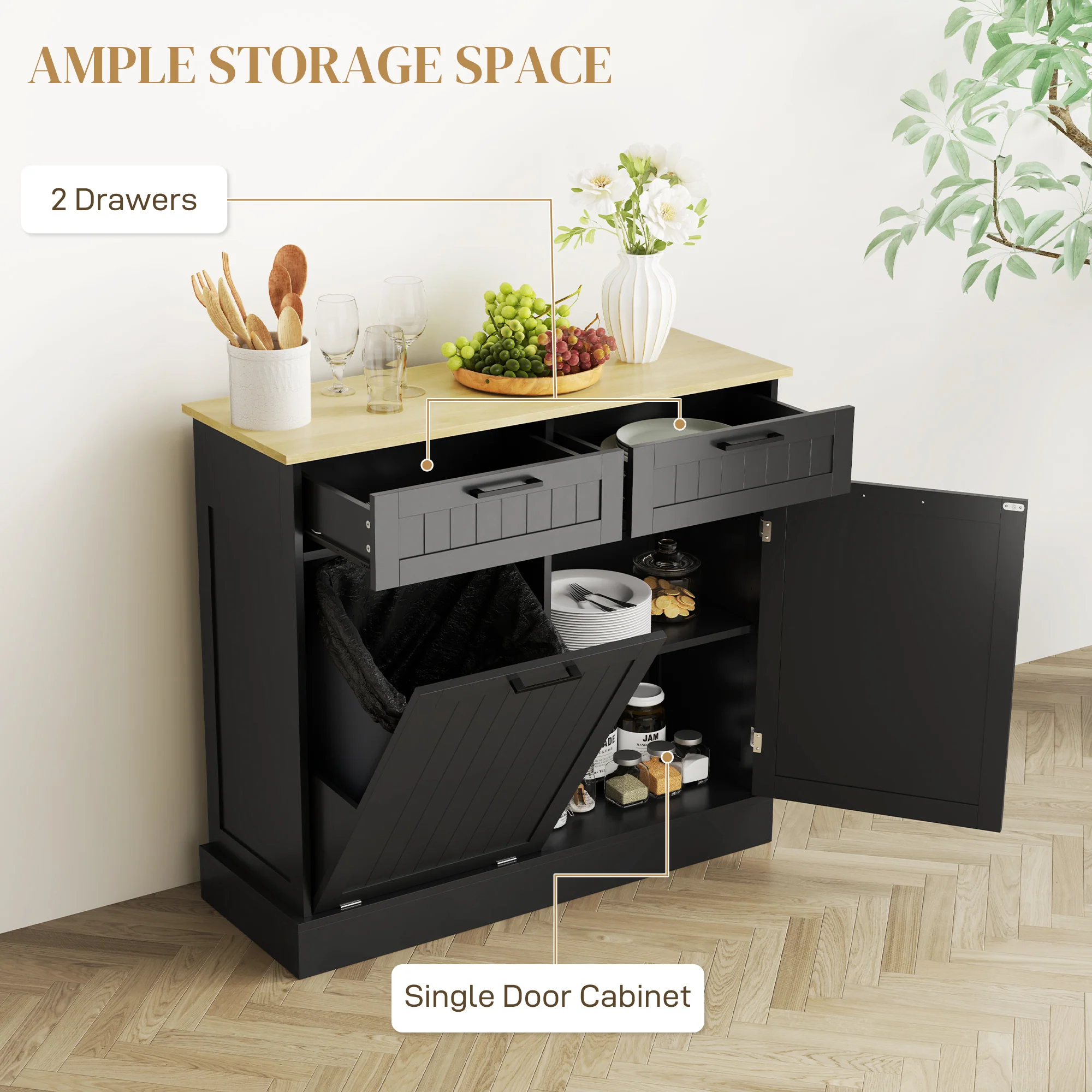 10 Gallon Tilt-Out Trash Cabinet with 2 Drawers Hidden Bin Kitchen Hallway Black - Image 8