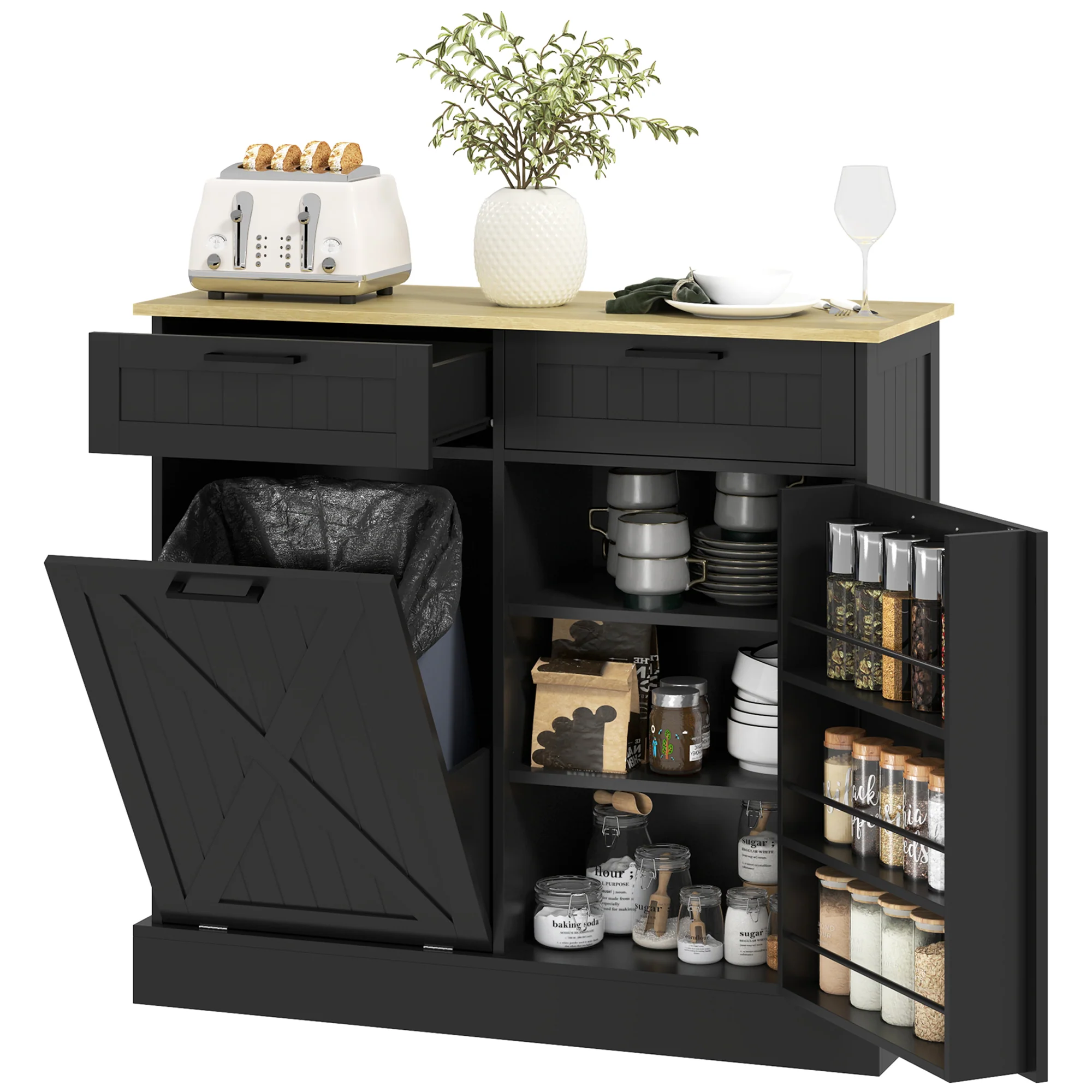 10 Gallon Tilt-Out Trash Cabinet with 2 Drawers & Spice Rack Laundry Black