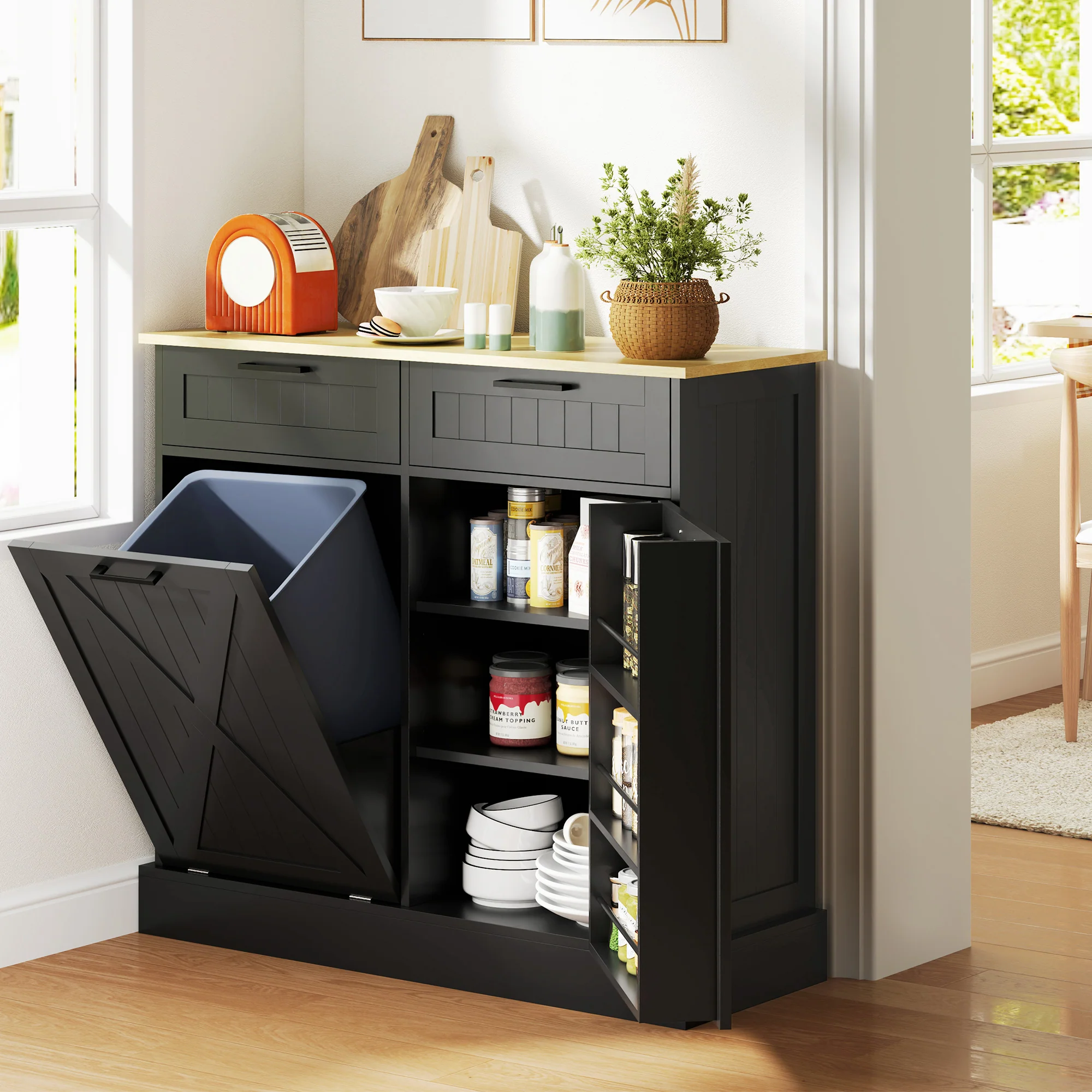 10 Gallon Tilt-Out Trash Cabinet with 2 Drawers & Spice Rack Laundry Black - Image 3