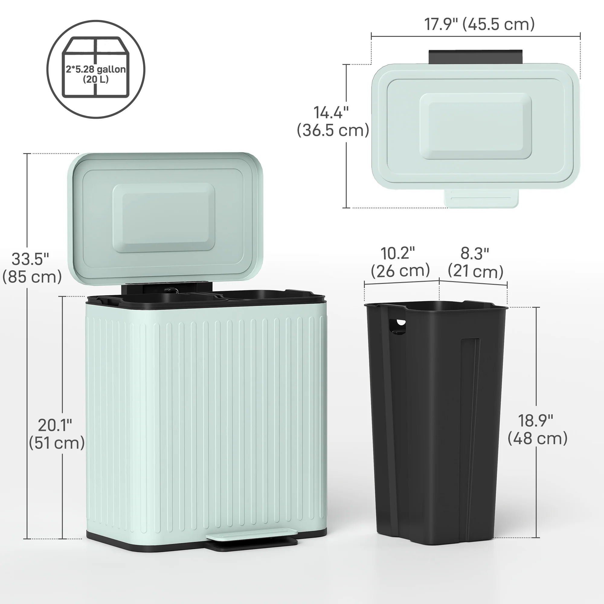 Dual Compartment Touchless Soft-Close Recycling Bin, 20L x 2 Trash Can, Light Green - Image 5