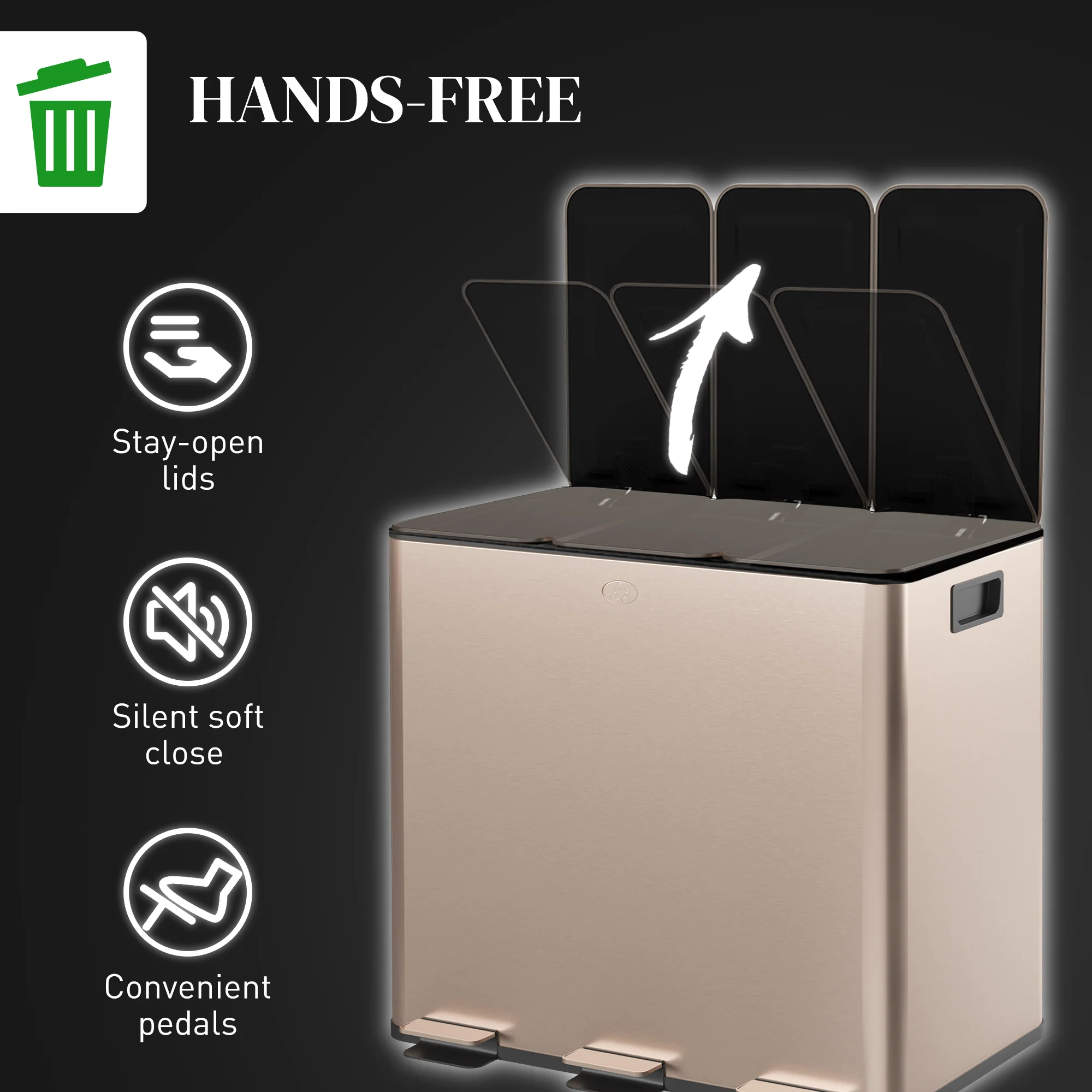 45L Stainless Steel Triple Kitchen Bin with Deodoriser & Pedal Lid - Image 8