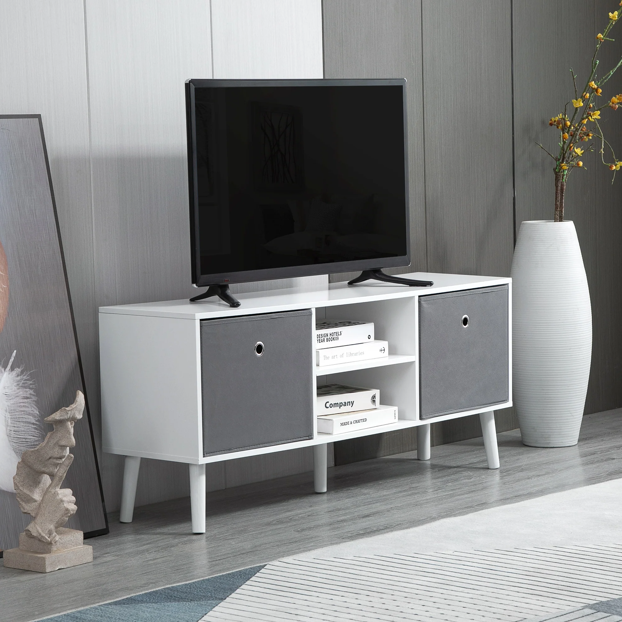TV Stand Unit for TVs up to 50" with Foldable Drawers, Shelves, White and Grey - Image 4