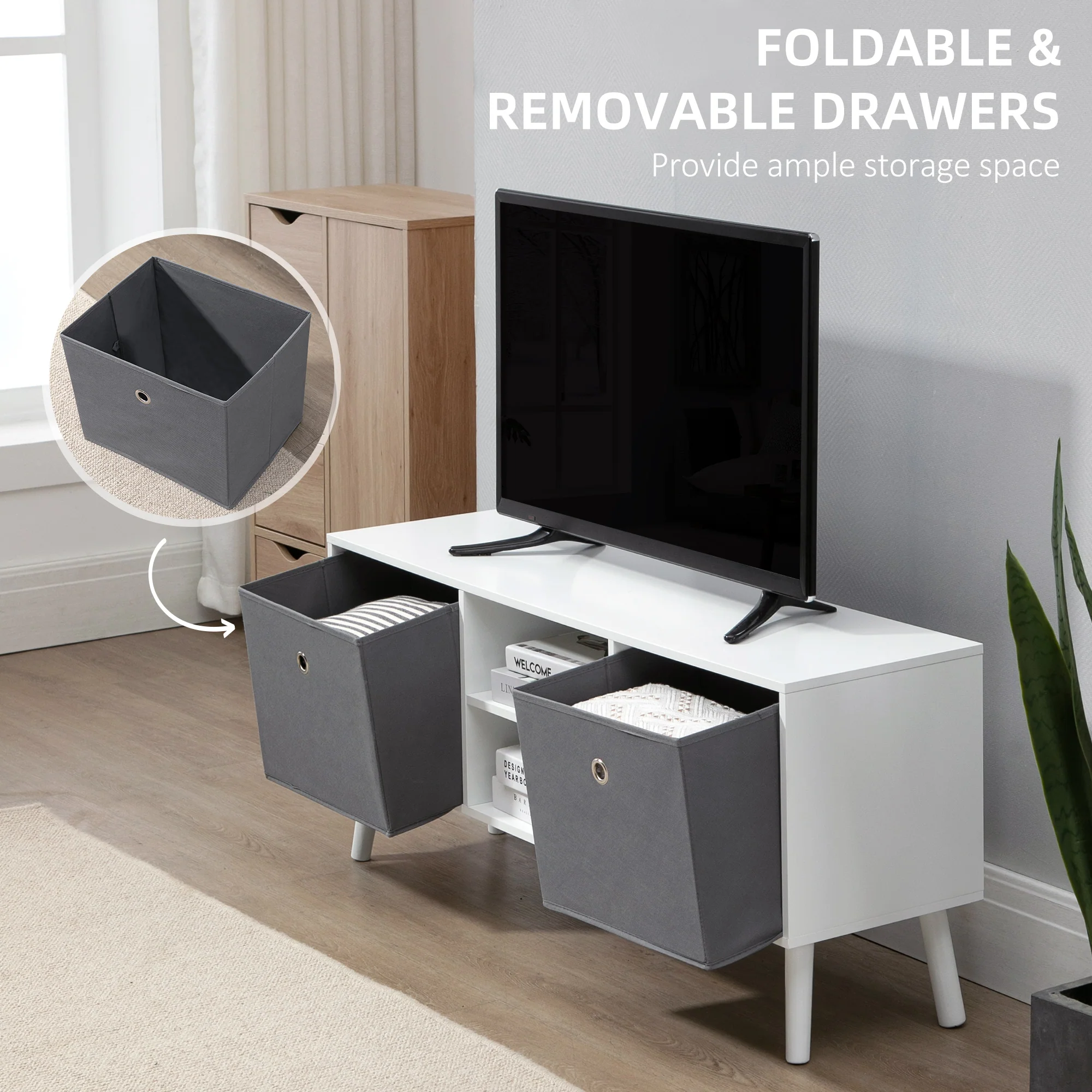 TV Stand Unit for TVs up to 50" with Foldable Drawers, Shelves, White and Grey - Image 7