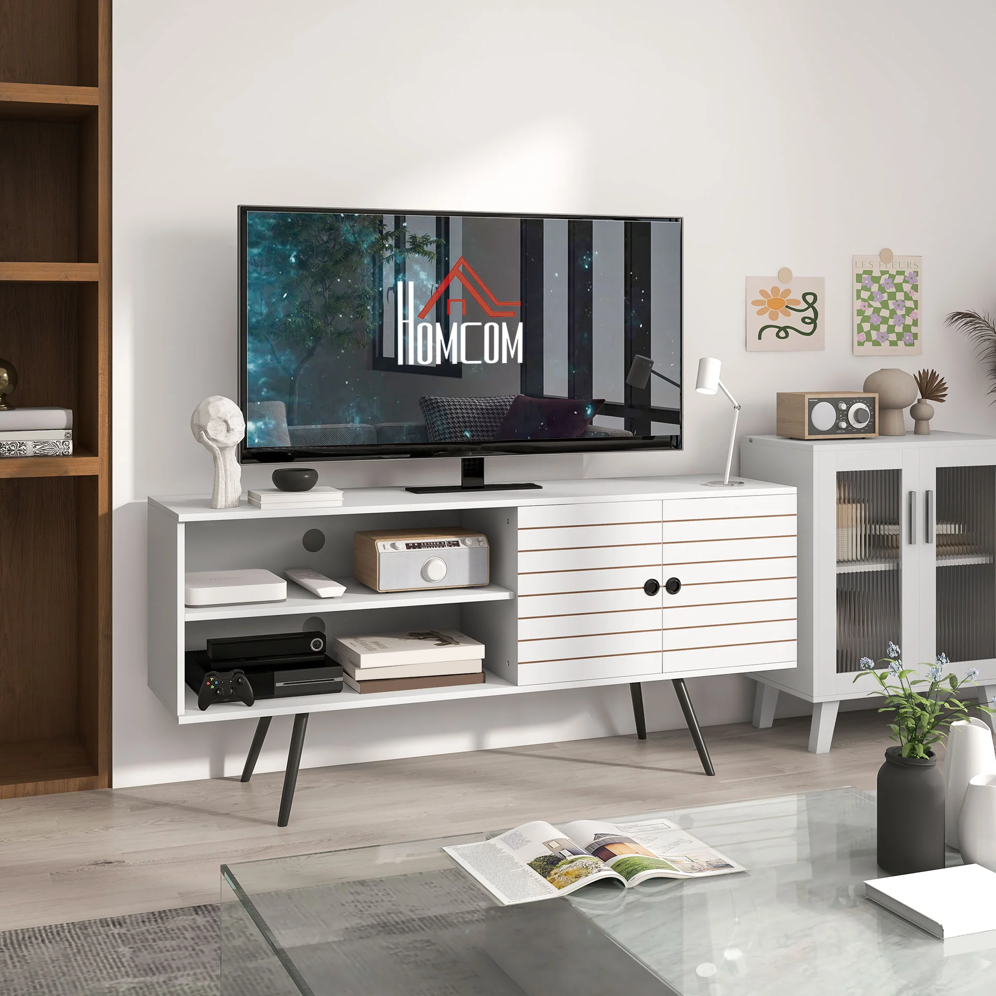 TV Stand Cabinet for 65 Inch TVs with Open Shelves, Cable Holes, Entertainment Unit, White - Image 3