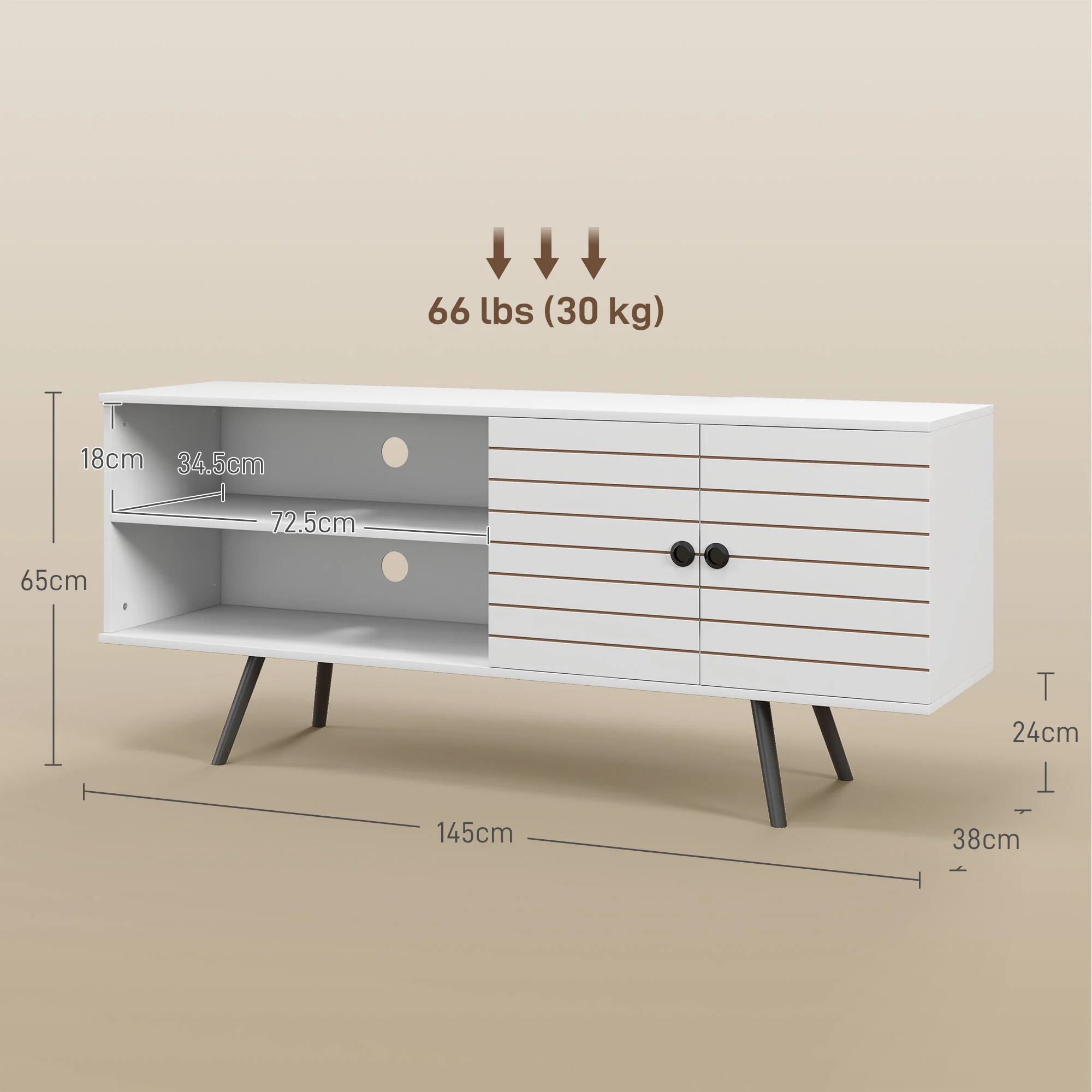 TV Stand Cabinet for 65 Inch TVs with Open Shelves, Cable Holes, Entertainment Unit, White - Image 5